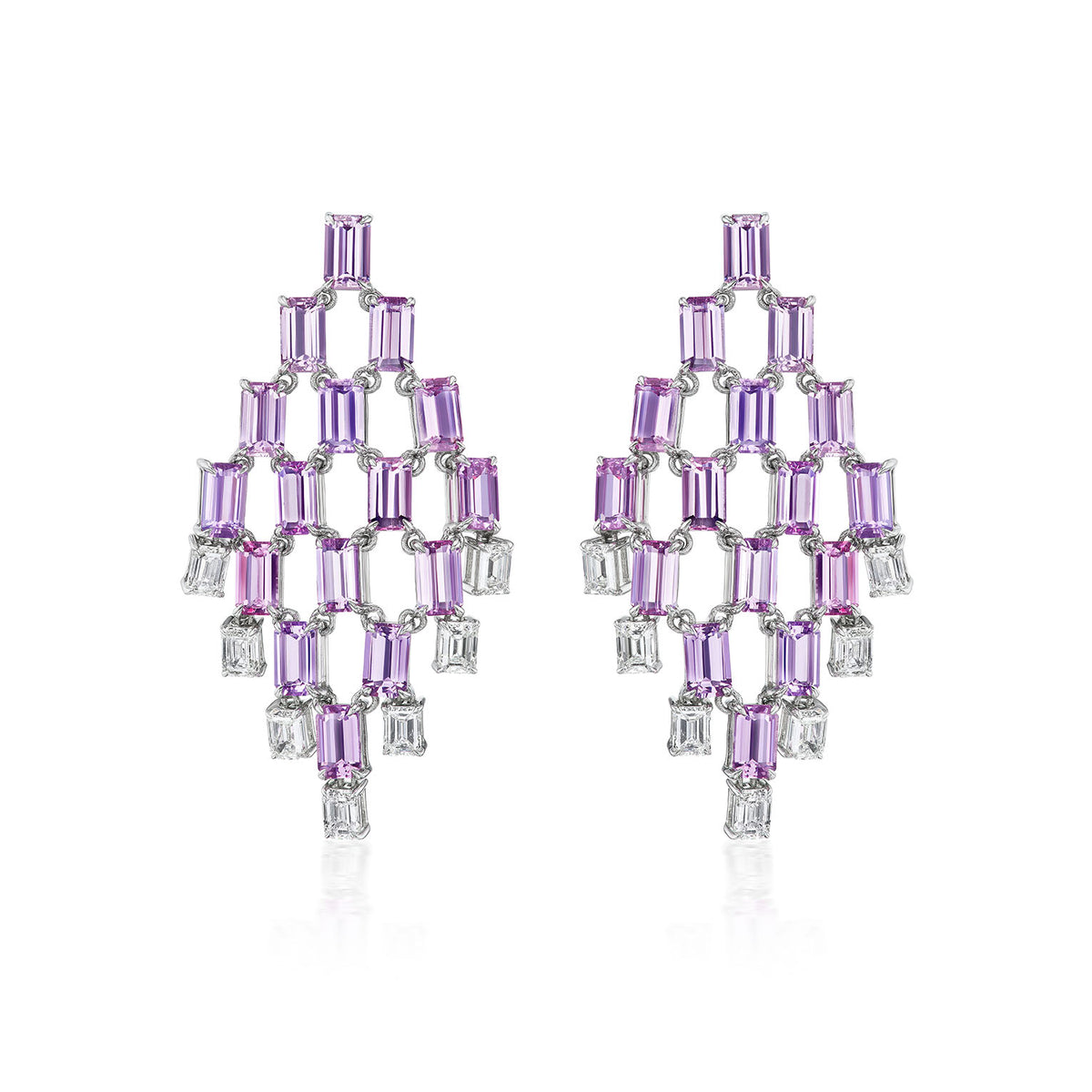 Art Deco Chandelier Earrings in White Gold with Emerald Cut Diamonds and Lavendar Sapphires