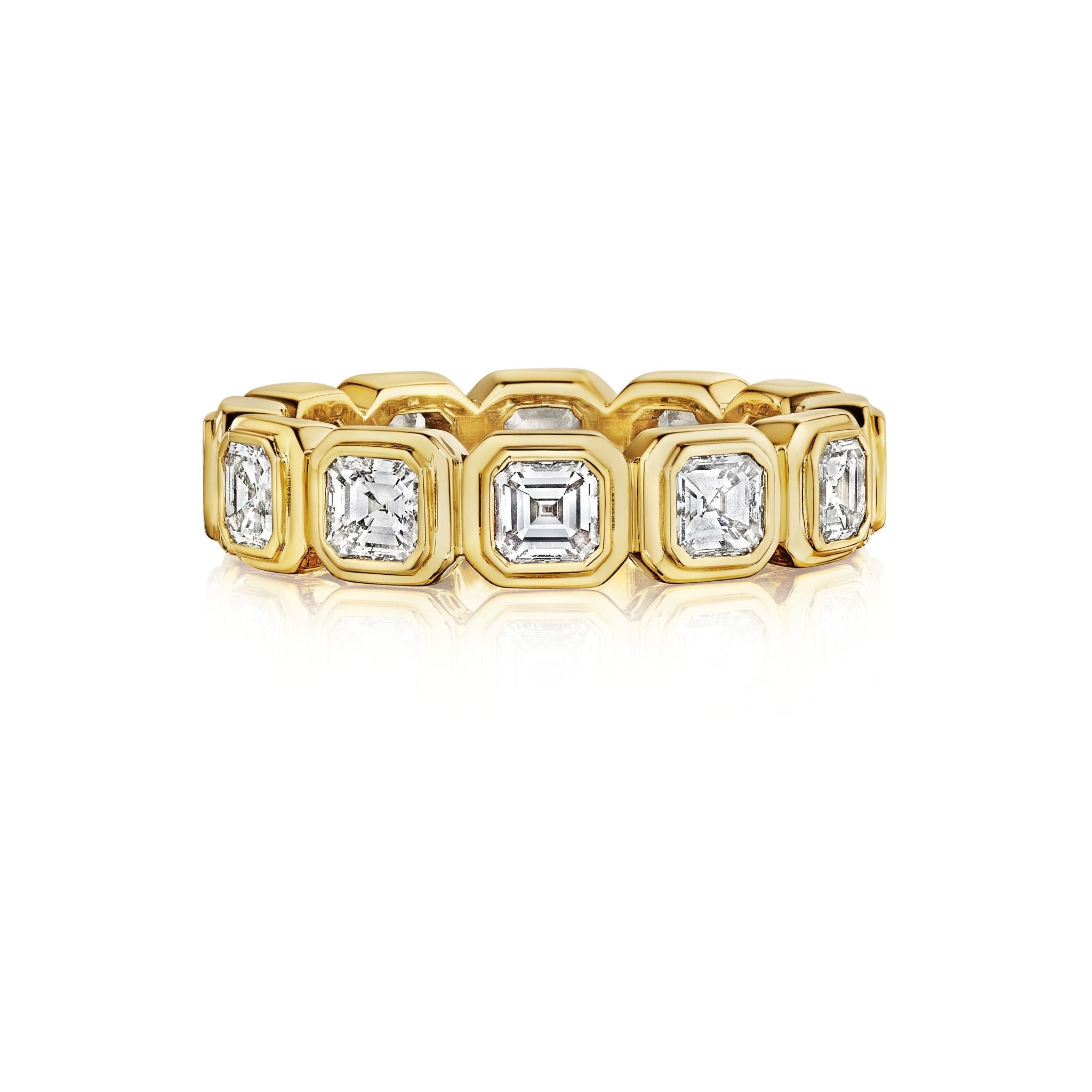 A gold band ring featuring alternating square and rectangular bezel-set diamonds, each bordered by polished gold, creating a geometric and elegant design.