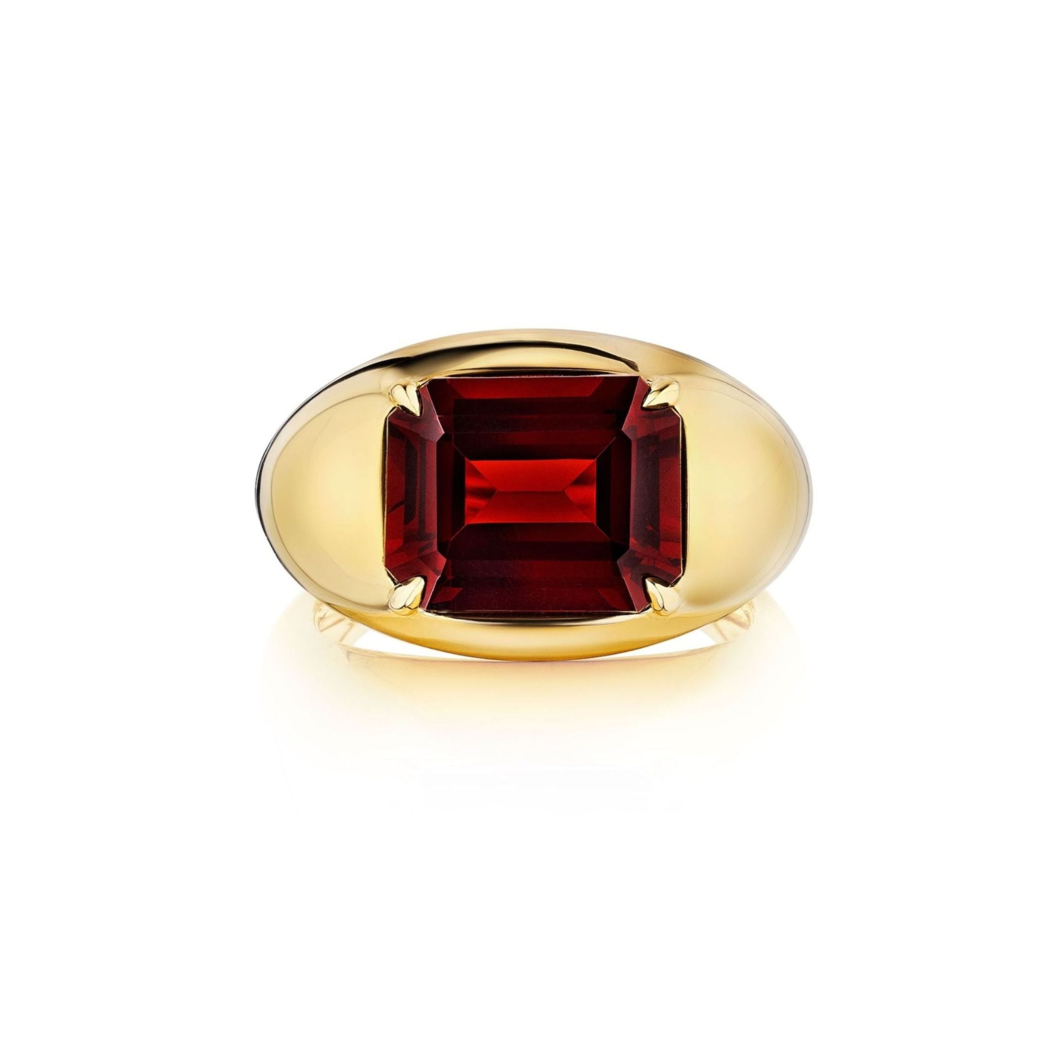 A gold ring featuring a large, emerald-cut deep red gemstone set in the center, displayed on a white background.