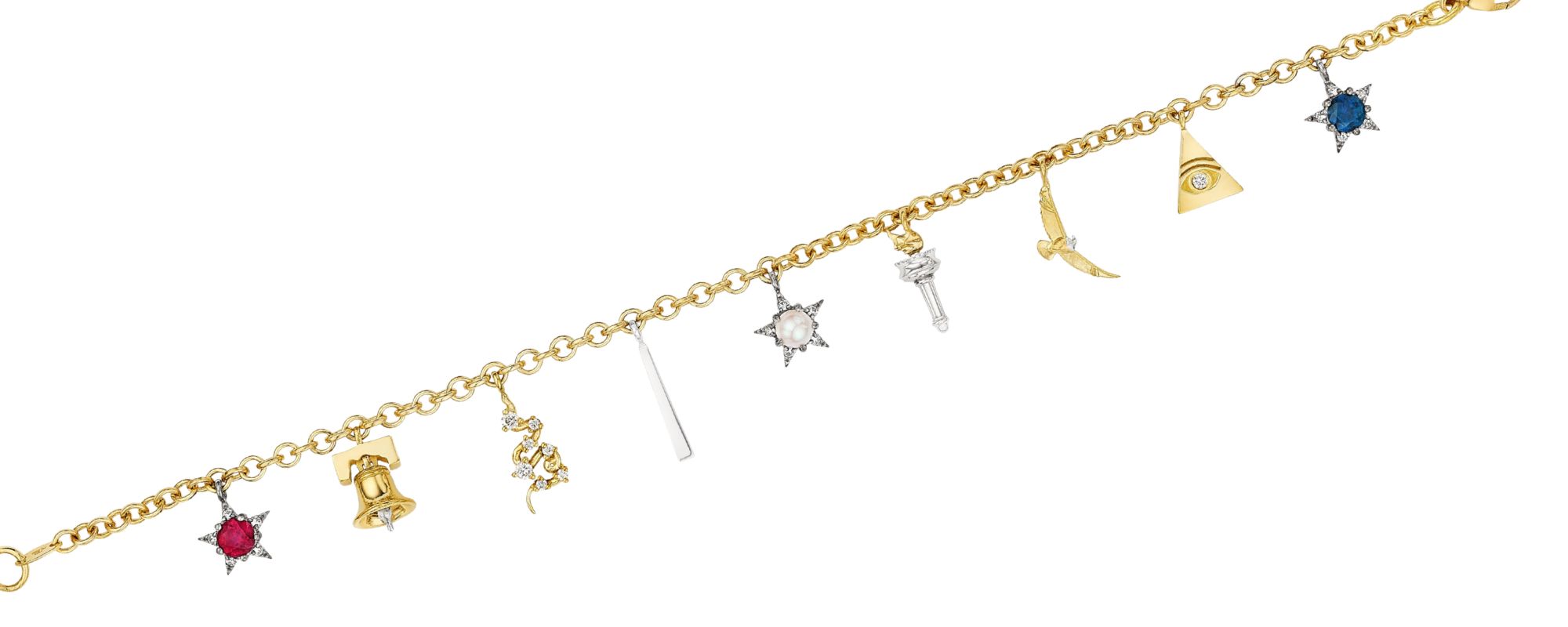 A gold chain bracelet featuring nine unique charms, including gemstones, a bell, a star, a hand, a bird, a pyramid, and various other symbolic shapes, each in gold or silver tones.