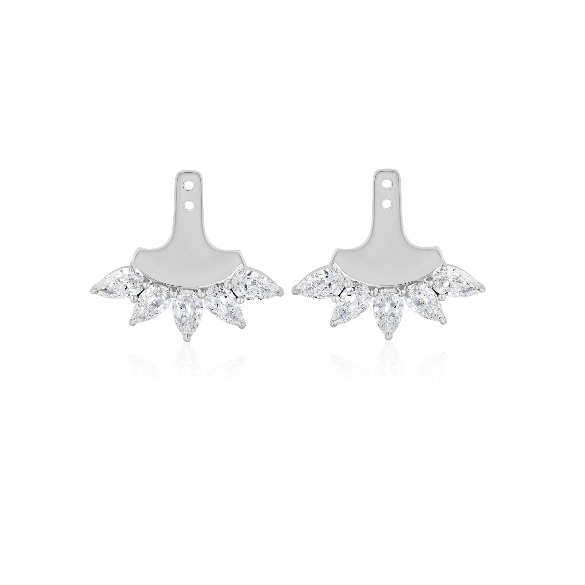Pair of silver earring jackets with five marquise-shaped clear gemstones fan-shaped at the bottom, designed to sit behind the earlobe.
