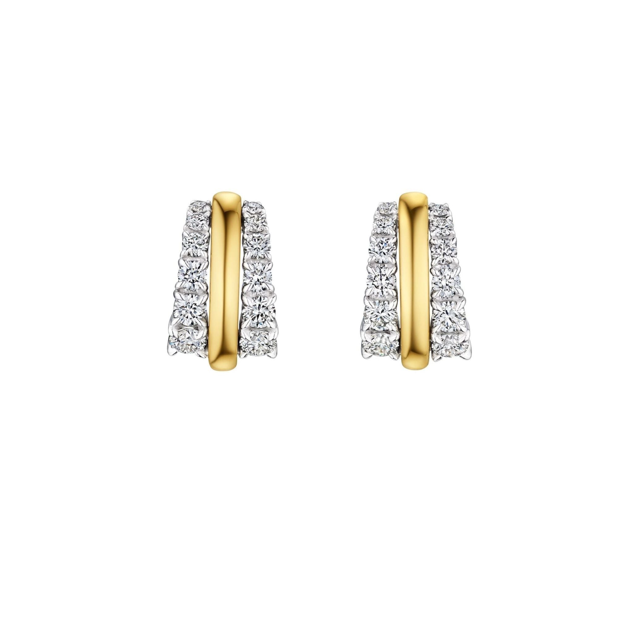 A pair of gold huggie earrings with a row of sparkling round diamonds on each side, set in a split design. The earrings have a modern and elegant look.