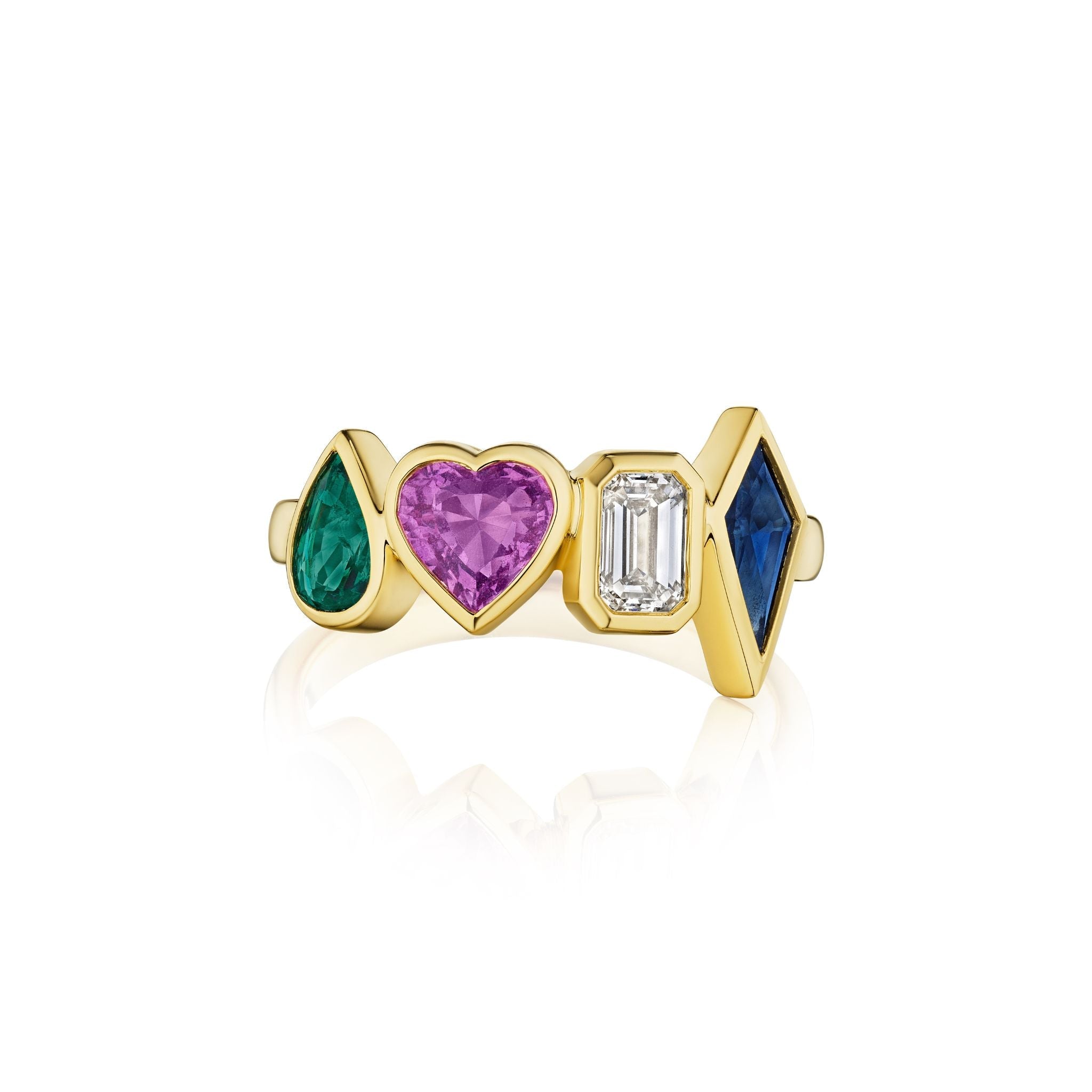 A gold ring featuring four gemstones: a green teardrop, a pink heart, a clear rectangular, and a blue marquise, each set in individual gold settings.