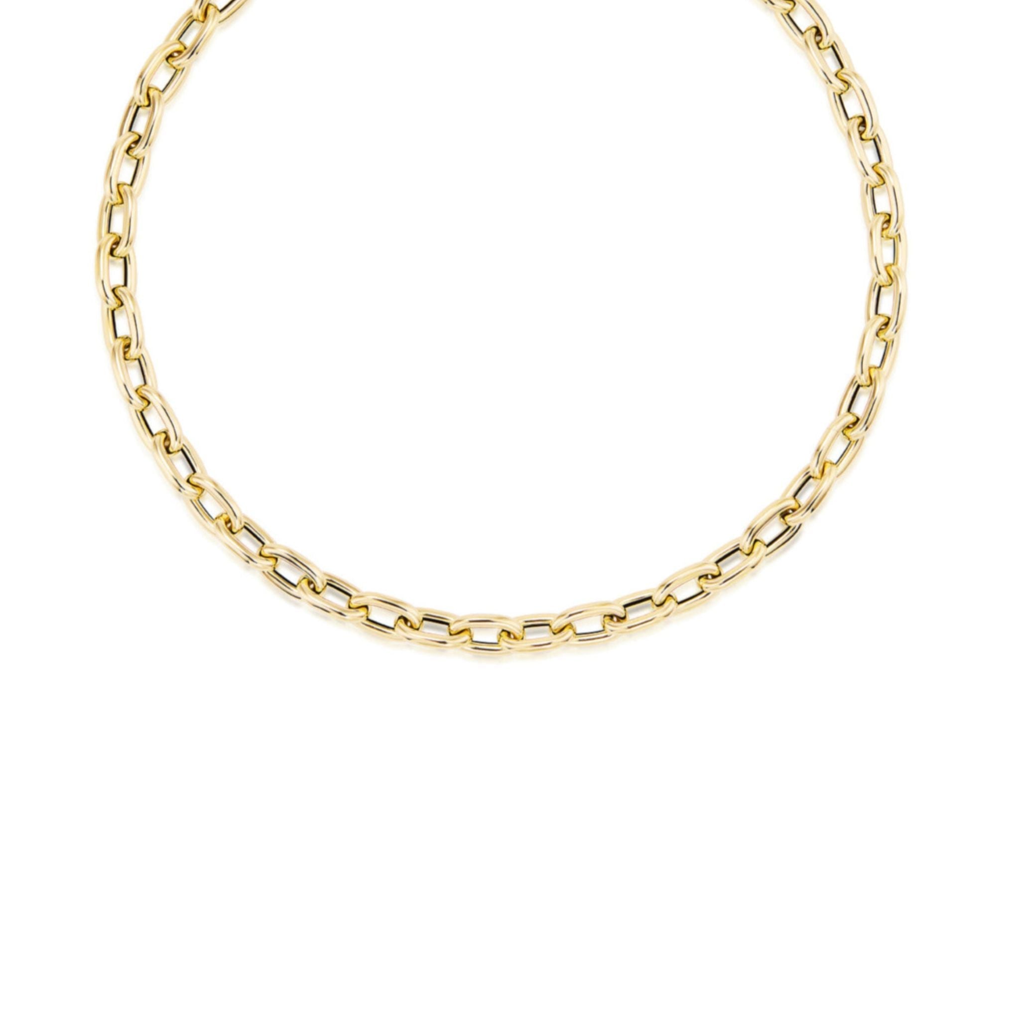 A gold chain necklace with oval-shaped links and a lobster clasp, arranged in a circle on a white background.