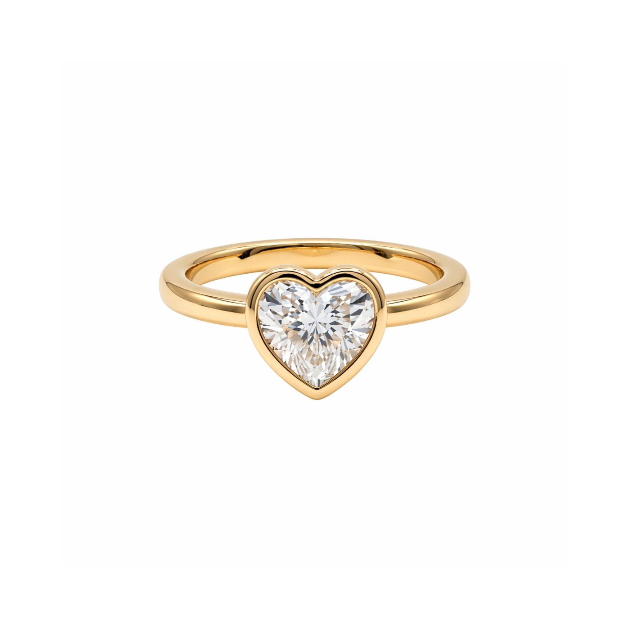 A gold ring with a large, heart-shaped clear gemstone set in the center, displayed on a plain white background.