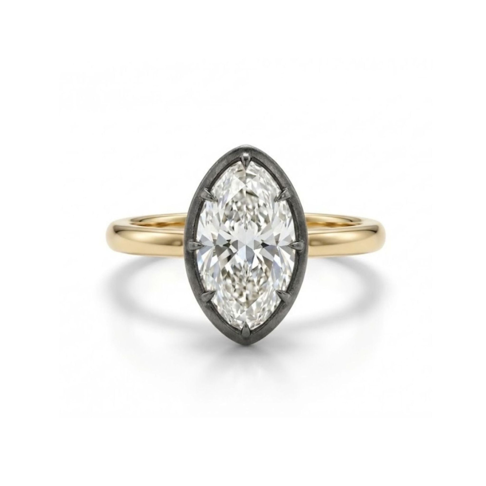 A gold ring with a large marquise-cut diamond set in a dark, oval bezel setting, displayed on a white background.