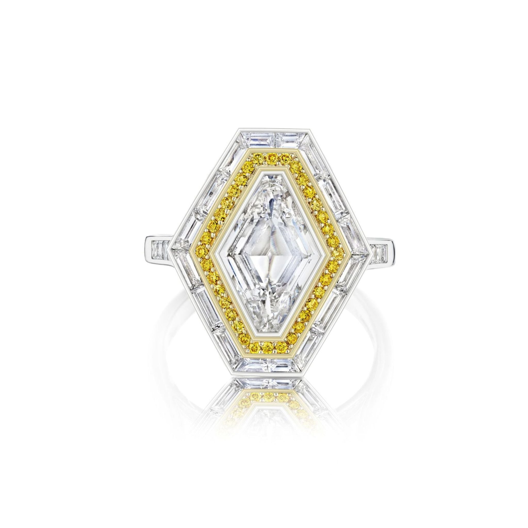 A hexagonal ring with a large, clear central diamond, surrounded by a halo of small yellow diamonds and an outer halo of white diamonds, set in a white metal band.