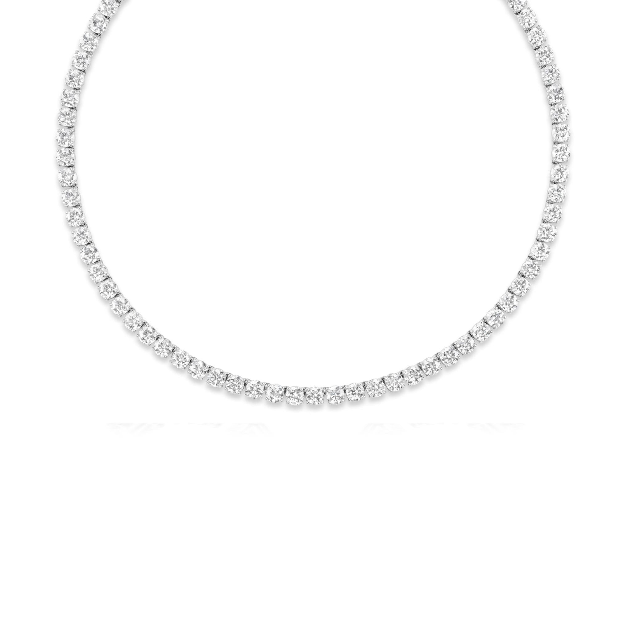 A diamond necklace with a repeating leaf-shaped pattern, each link resembling a marquise-cut diamond, arranged in a complete circular shape on a white background.
