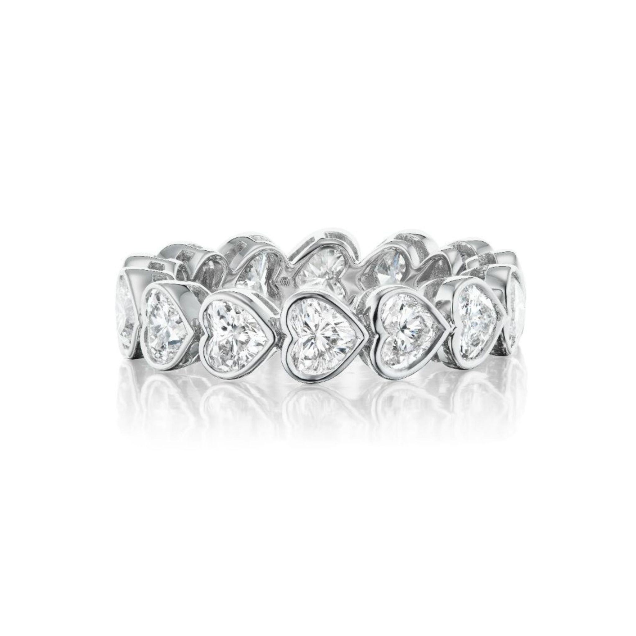 A silver eternity band featuring heart-shaped settings, each holding a sparkling diamond, displayed on a white background.