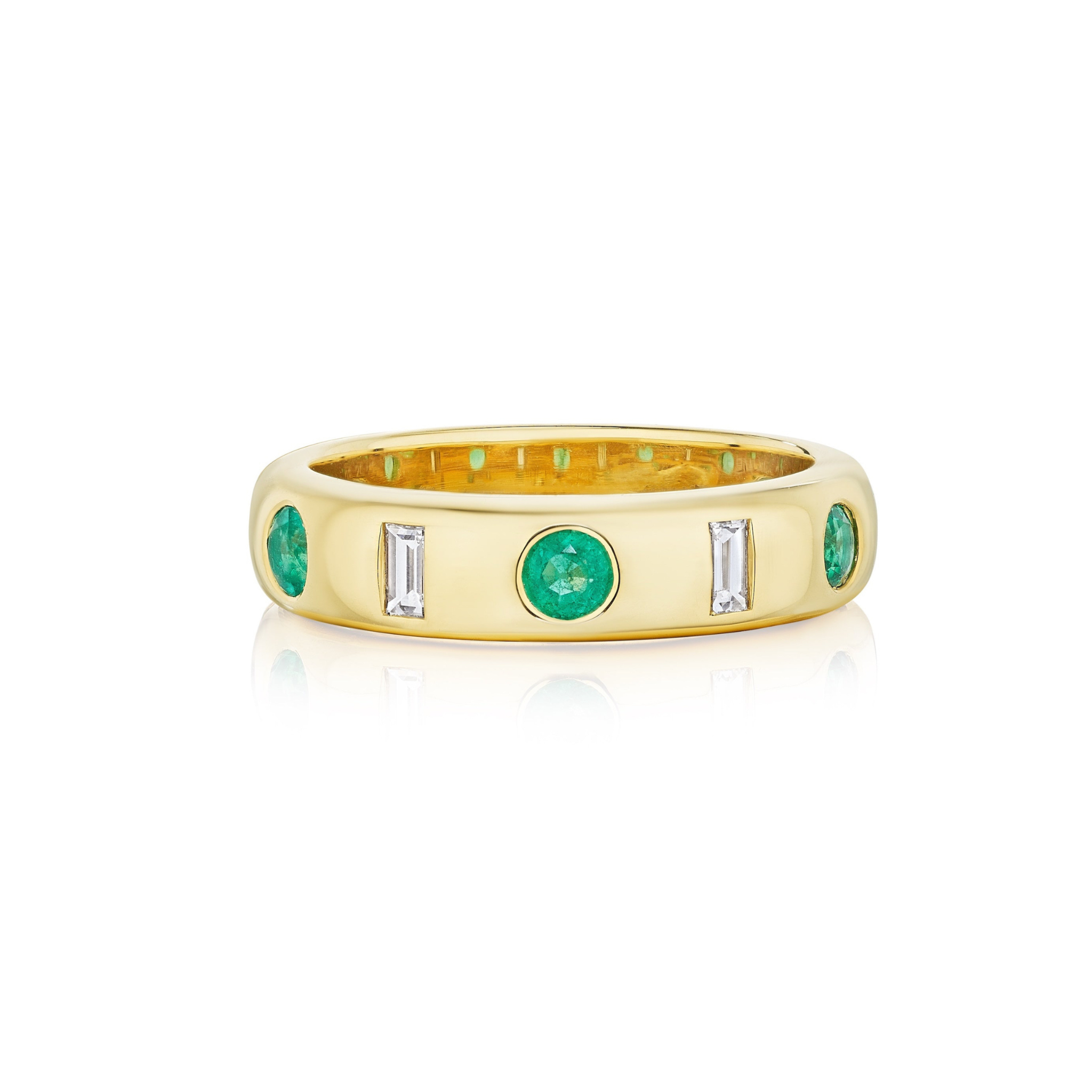 A gold ring featuring alternating square-cut gemstones: two green, one pink, and four clear stones set in a row.