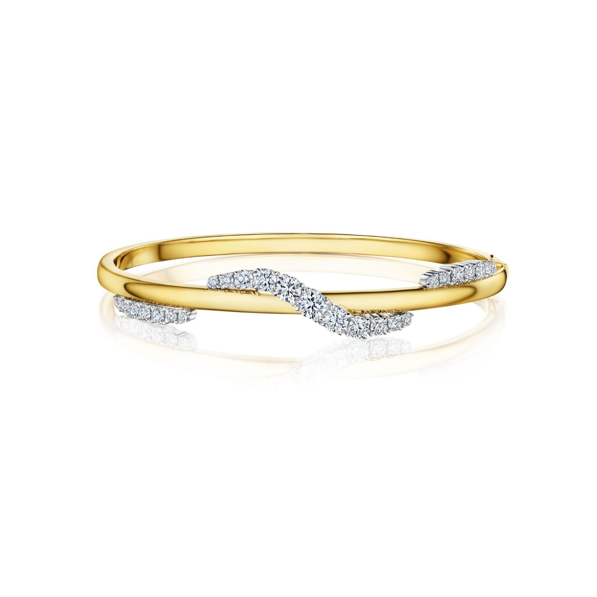 A gold bangle bracelet featuring a wavy design accented with clusters of sparkling white diamonds, displayed on a white background.