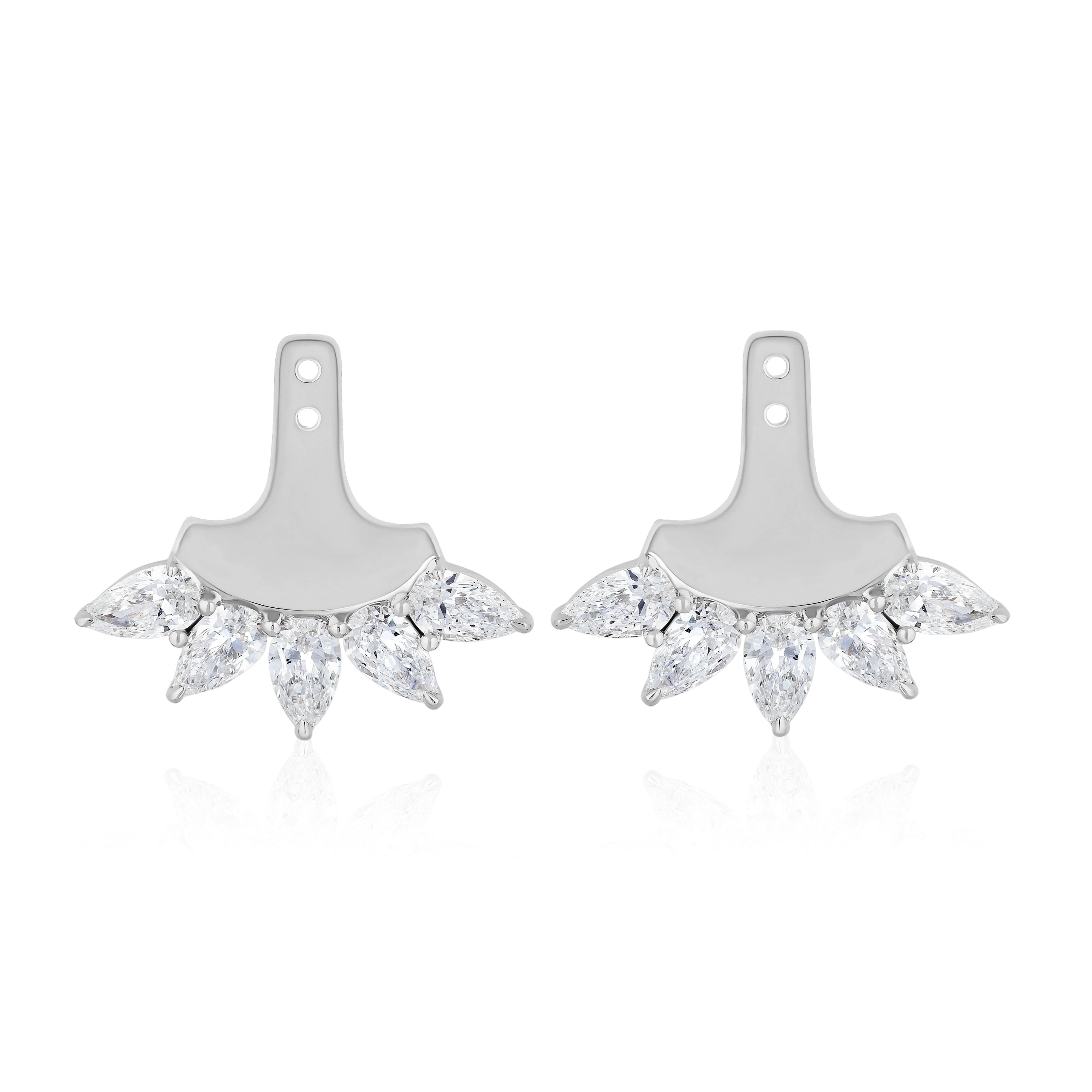 The Pear Shape Diamond Ear Jackets in White Gold feature five marquise-cut clear gemstones fanned along each piece, elegantly framing the earlobes with their 18K white gold setting.