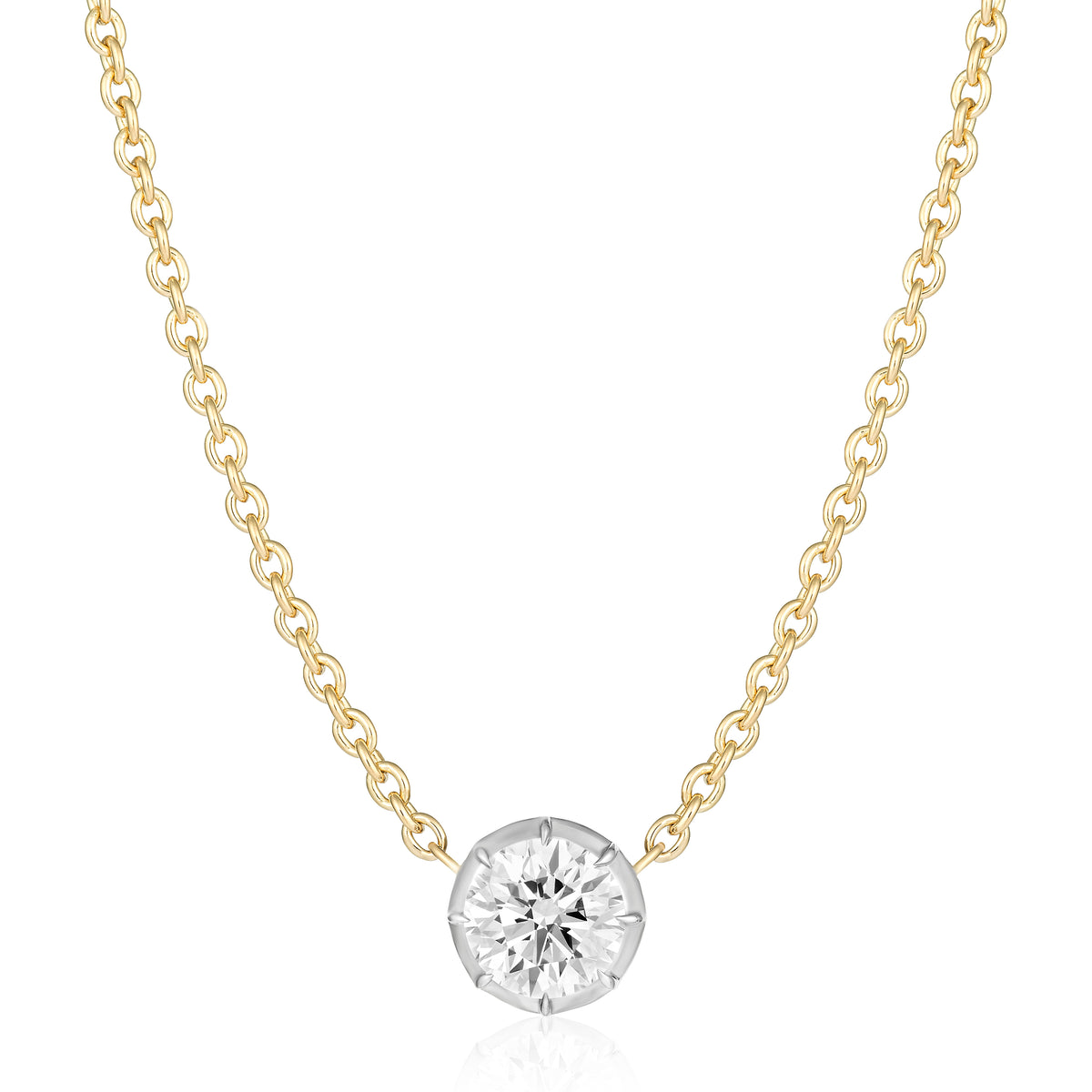 Collet Set Round Diamond Pendant in White and Yellow Gold