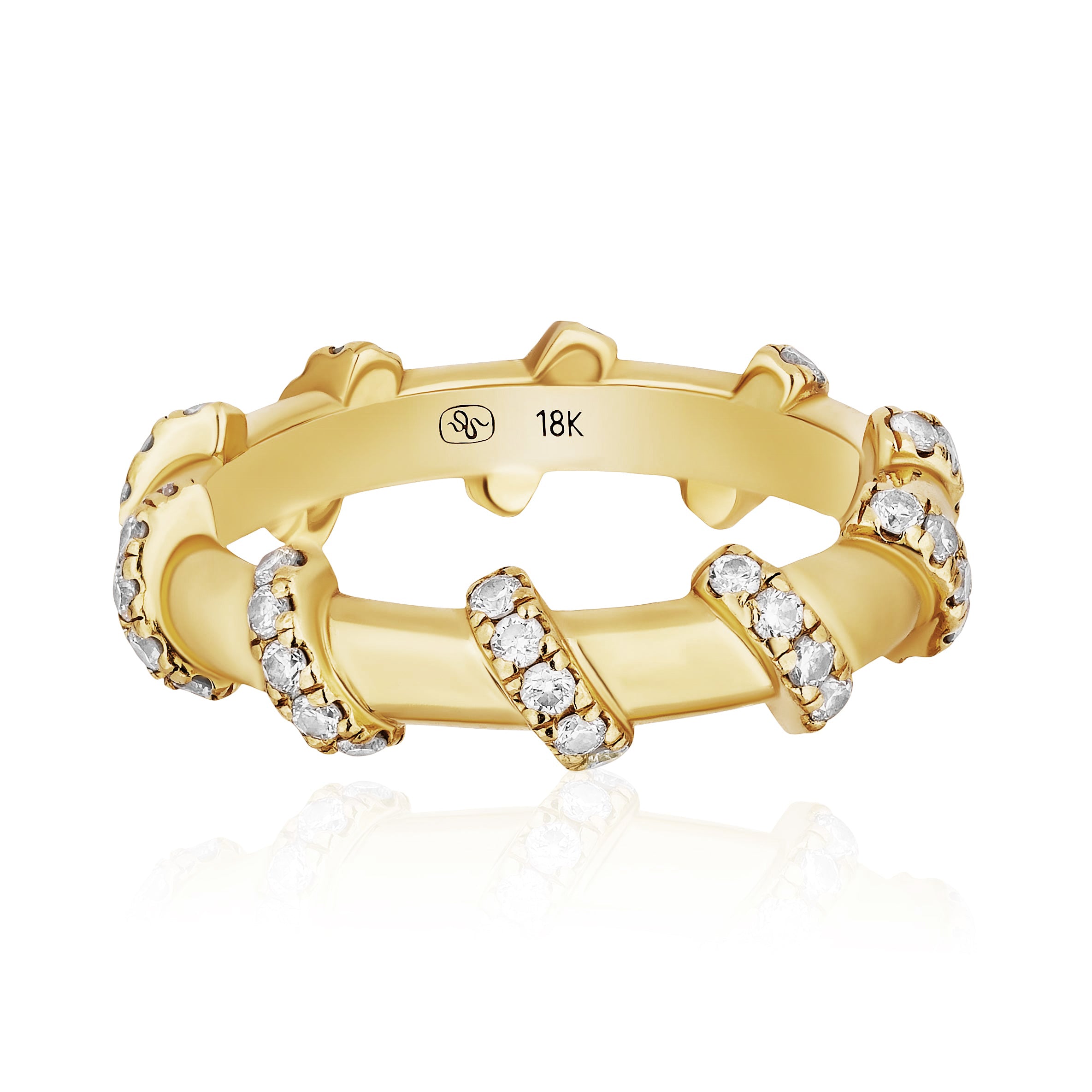 The Spiral Pavé Diamond Band is an 18K yellow gold ring with spiral bands, each set with sparkling round diamonds encircling the entire band.