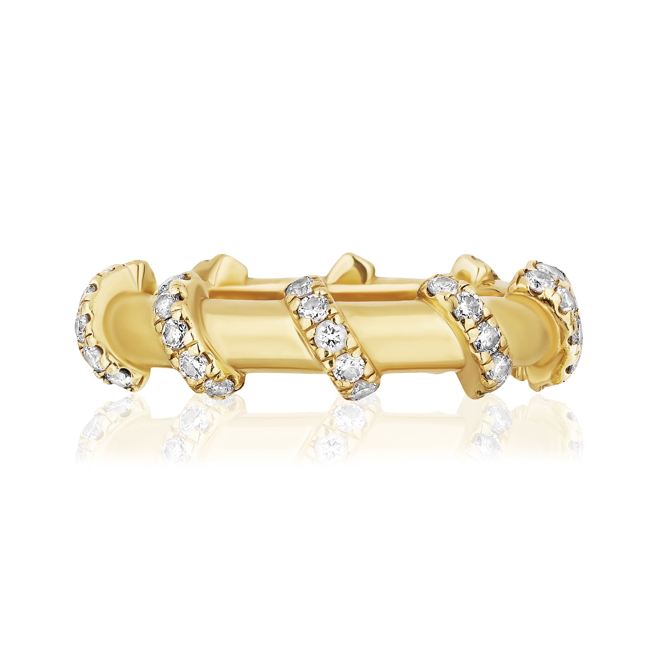 The Spiral Pavé Diamond Band is crafted in 18K yellow gold with a spiral design, featuring sparkling pavé diamonds wrapped around the band for a glossy, luxurious finish.