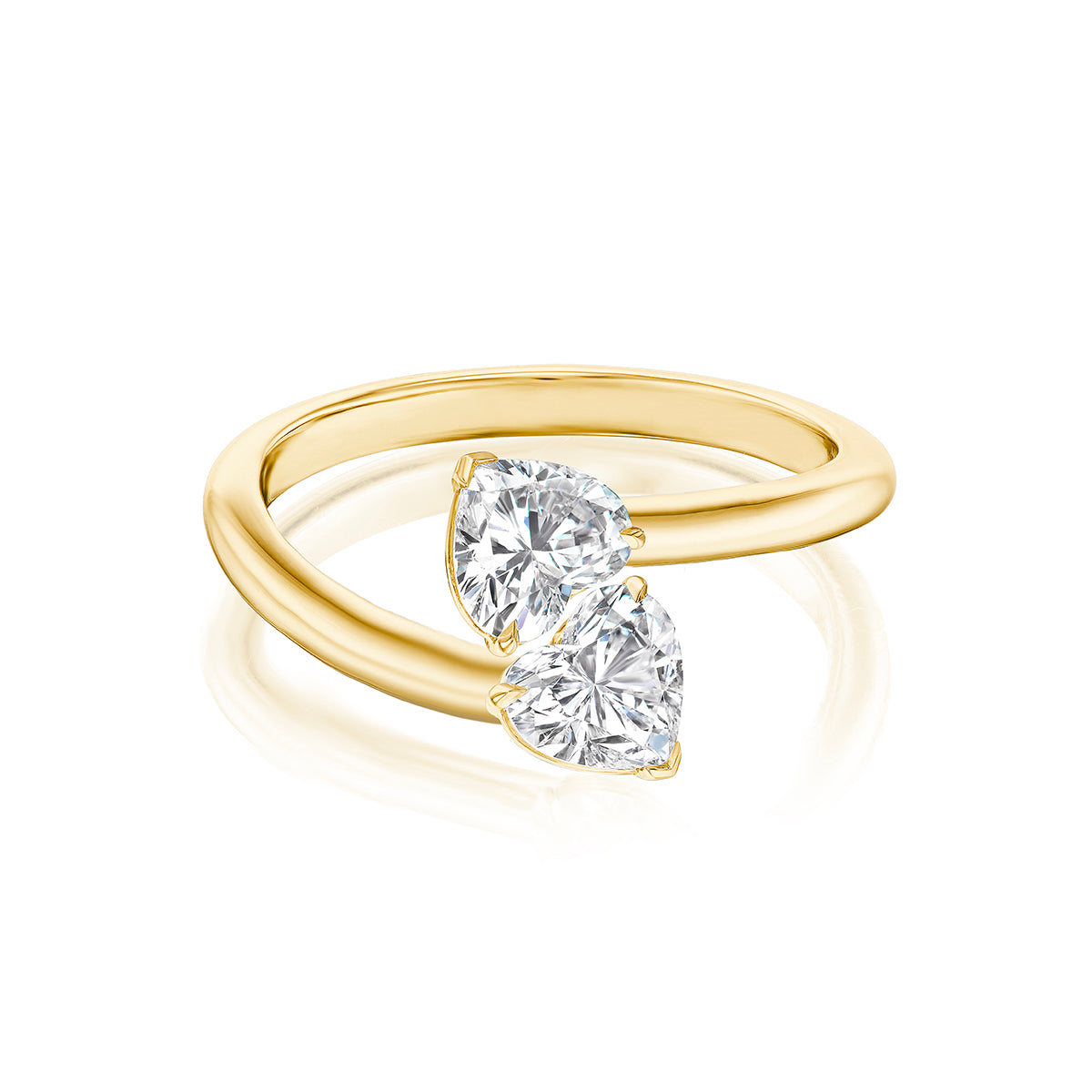 The Double Heart Wrap Around Ring in 18K yellow gold features two adjacent heart-cut diamonds totaling 2.07tcw, set side by side on a smooth gold band against a white background.