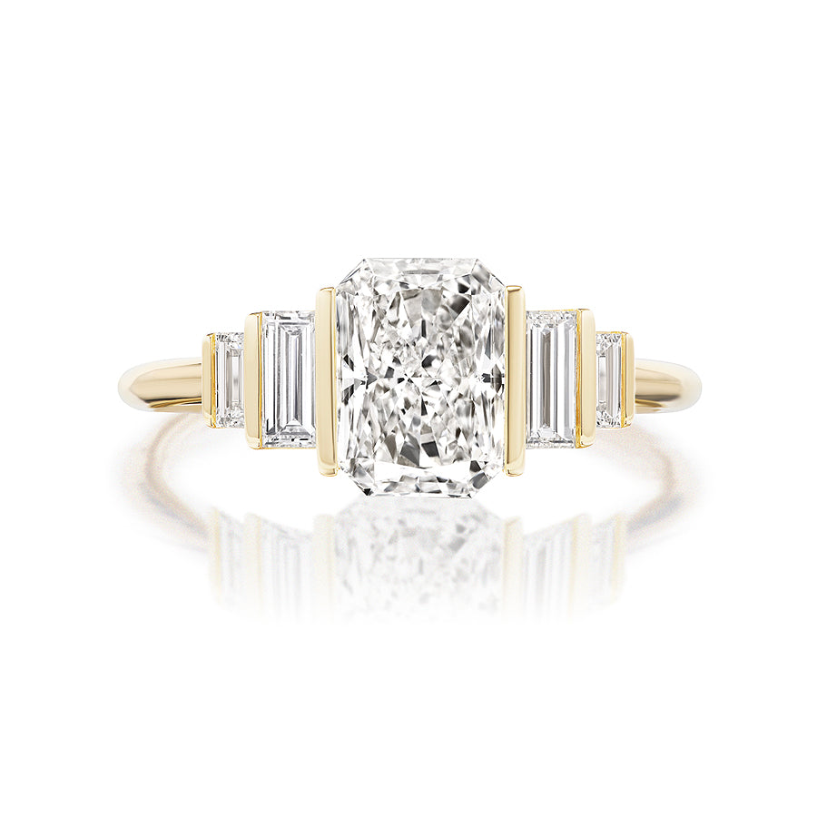 An Echo Emerald Cut Diamond Engagement Ring with a center emerald-cut diamond flanked by two baguette diamonds on each side, displayed on a white background—a striking bespoke piece.