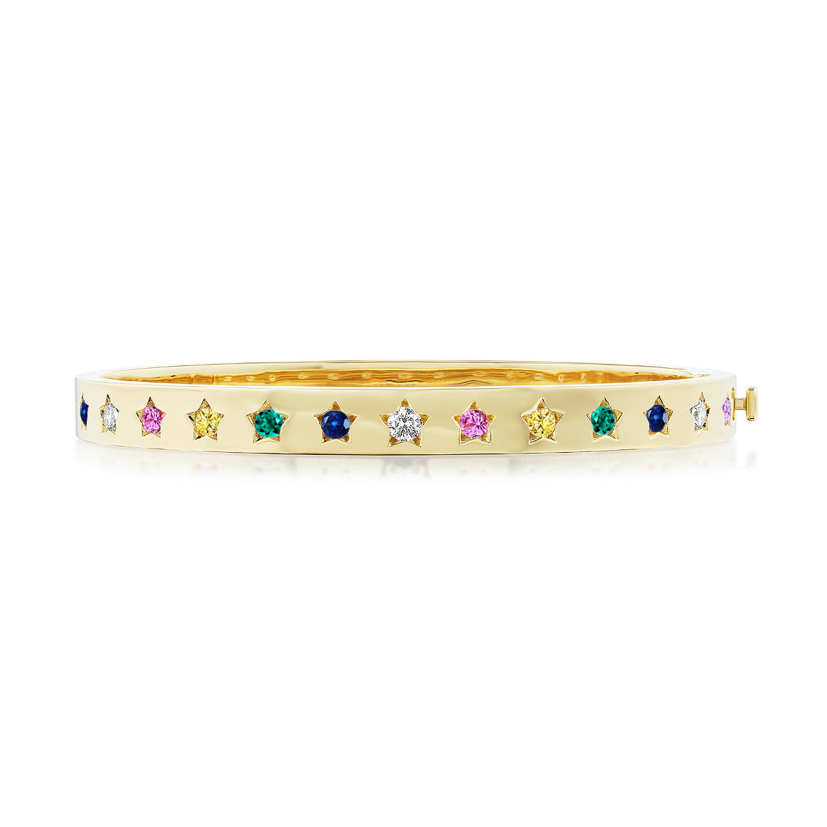 The Celestial Seeing Stars Diamond and Multicolor Sapphire Bangle in Yellow Gold features star-shaped settings with round diamonds or blue, pink, green, yellow, and clear sapphires set in radiant 18K yellow gold.