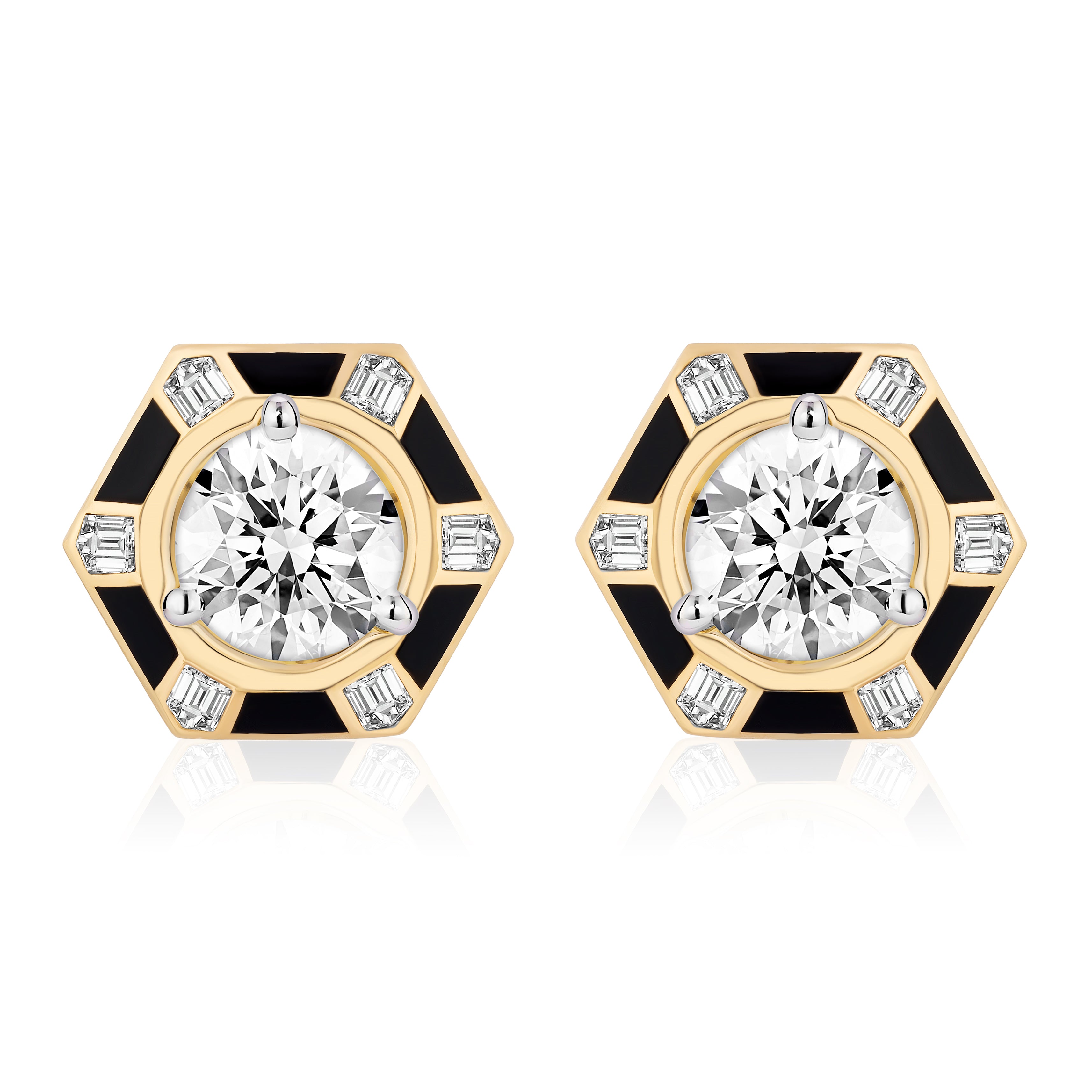 The Hexagon Alternating Onyx and Diamond Ear Jackets feature 18K yellow gold, large central round diamonds, onyx enamel accents, and small rectangular diamonds set at each corner.