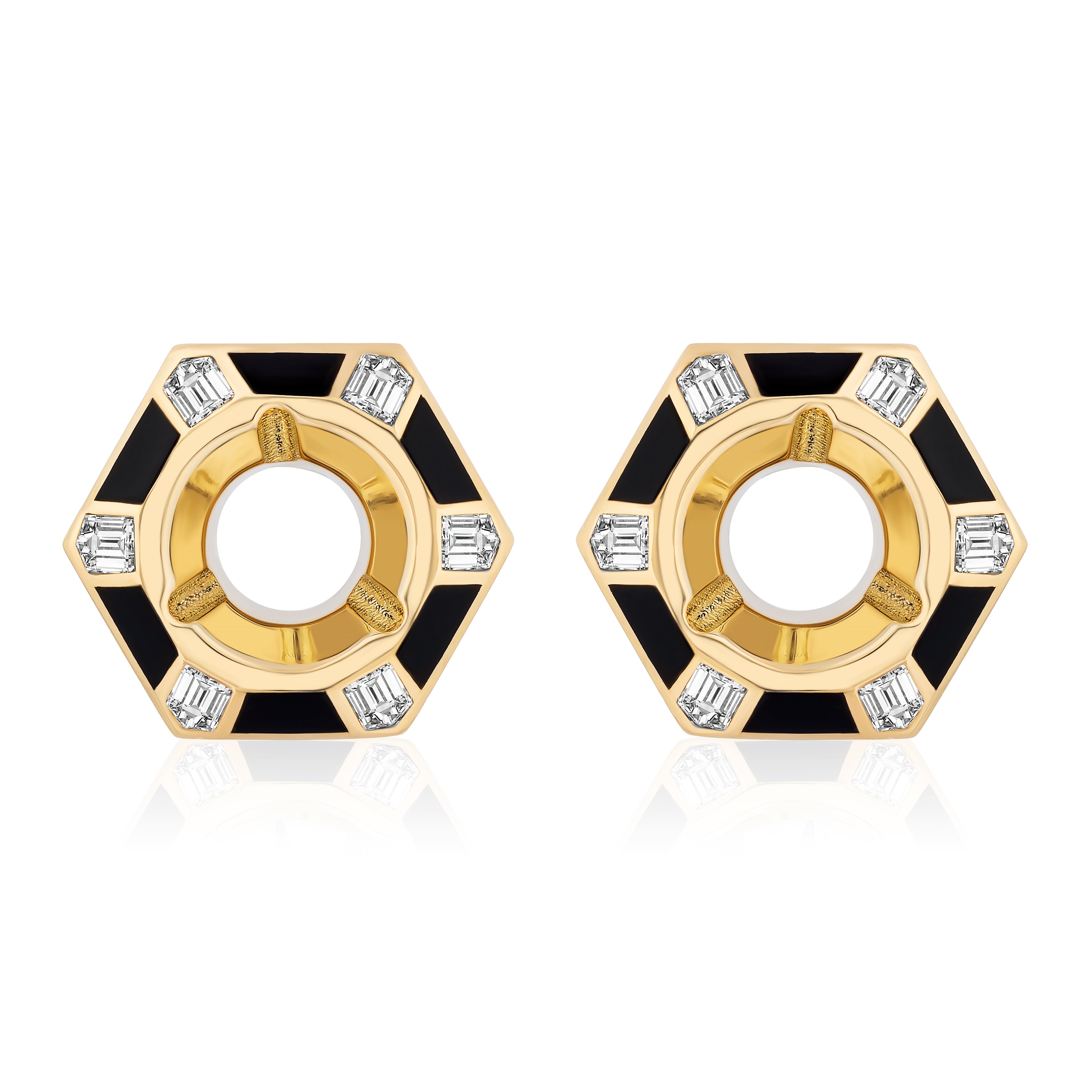 Hexagon Alternating Onyx and Diamond Ear Jackets in 18K yellow gold feature black enamel edges, rectangular diamonds at each corner, and a circular center cut-out, shown on a white background.