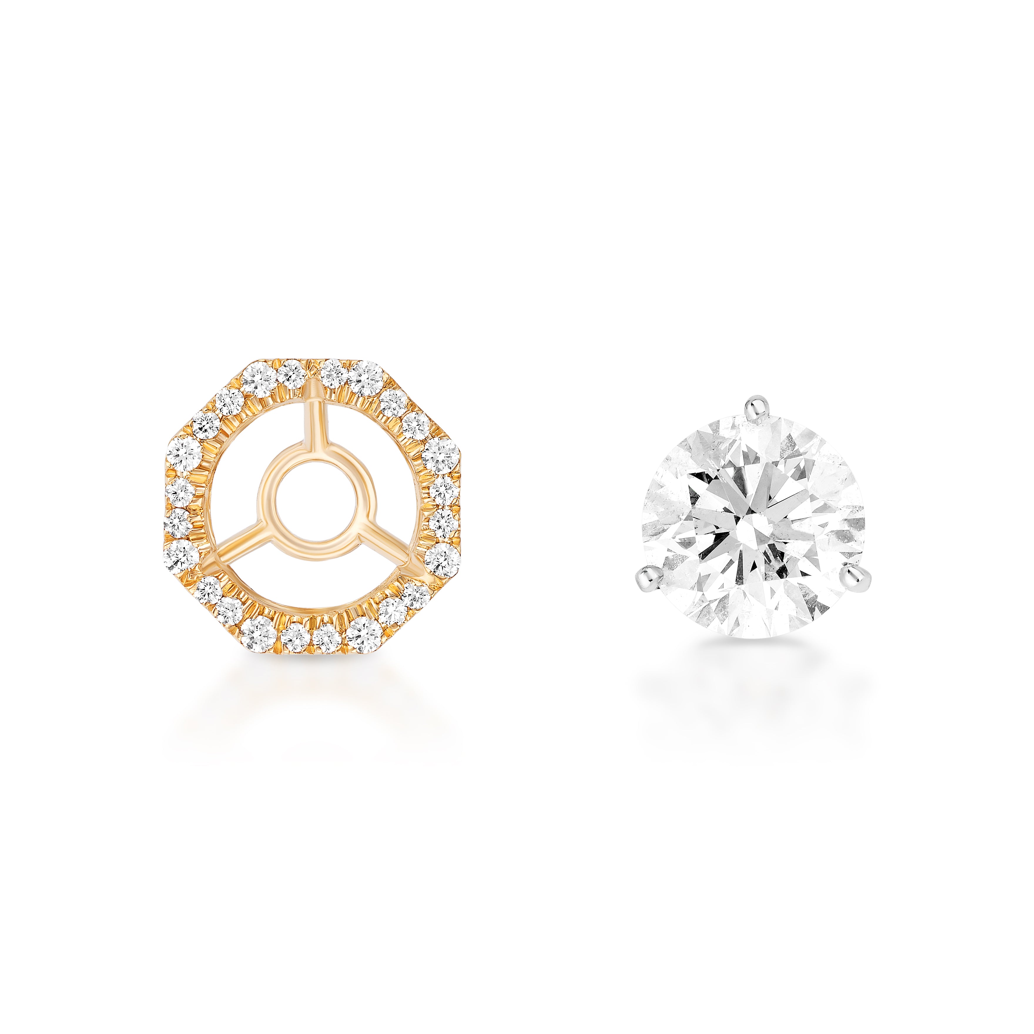 The Pavé Octagon Ear Jackets with Round Brilliant Diamonds, featuring a round diamond stud earring paired with an octagonal 18k gold pavé ear jacket adorned with small diamonds, are displayed on a white background.