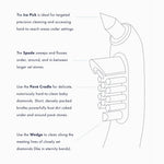 A labeled diagram of the Juli Diamond Cleaning Essentials Kit multi-tool brush shows the Ice Pick, Spade, Pavé Cradle, and Wedge—each designed for use in diamond cleaning and reaching tight spaces in jewelry.
