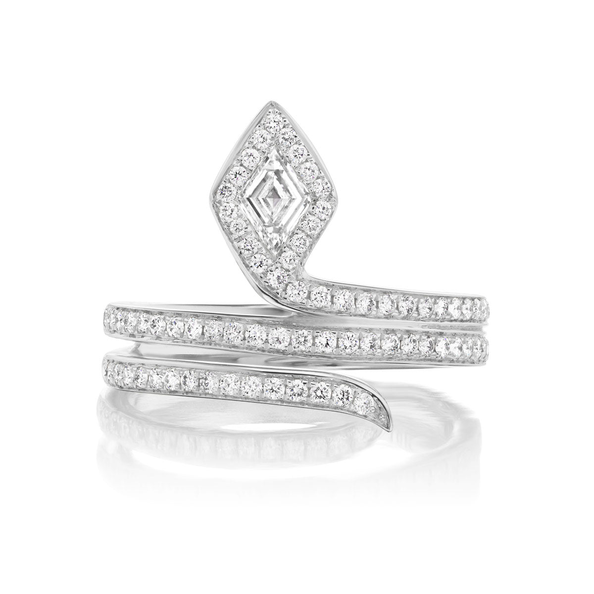The Diamond Snake Wraparound Ring features a lozenge-shaped center stone framed by VS1 diamonds and a double diamond-encrusted band that spirals elegantly around the finger.