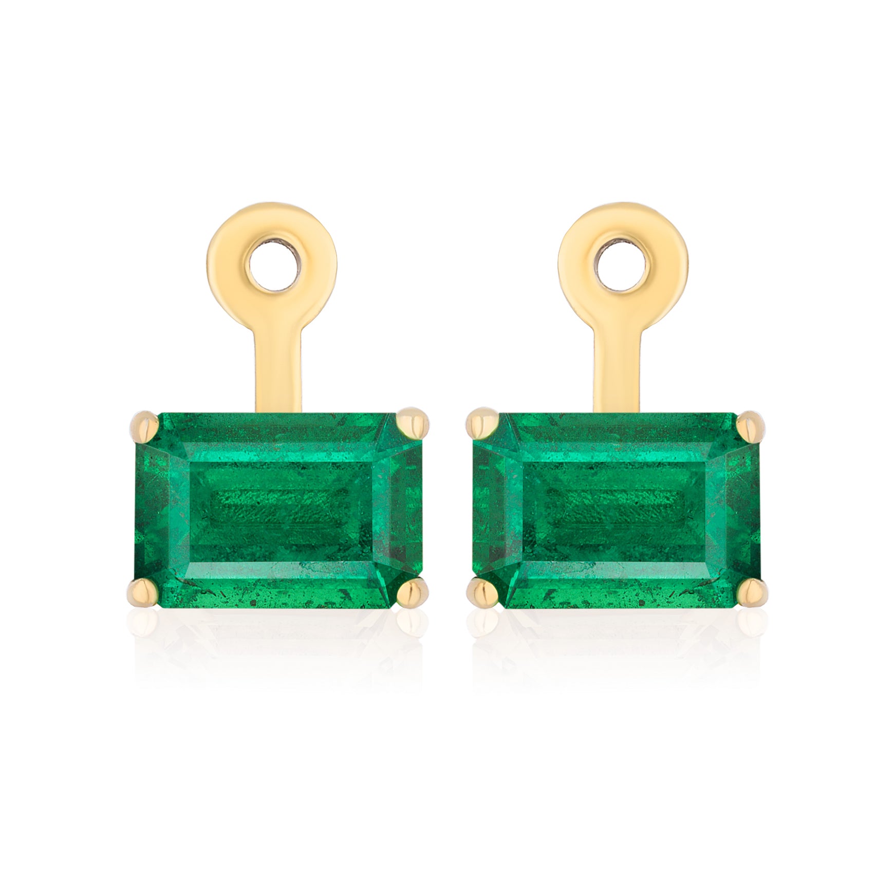 The East-West Set Emerald Cut Emerald Ear Jackets in Yellow Gold feature emerald-cut emeralds framed in 18K yellow gold with circular gold loops on top, shown against a white background.