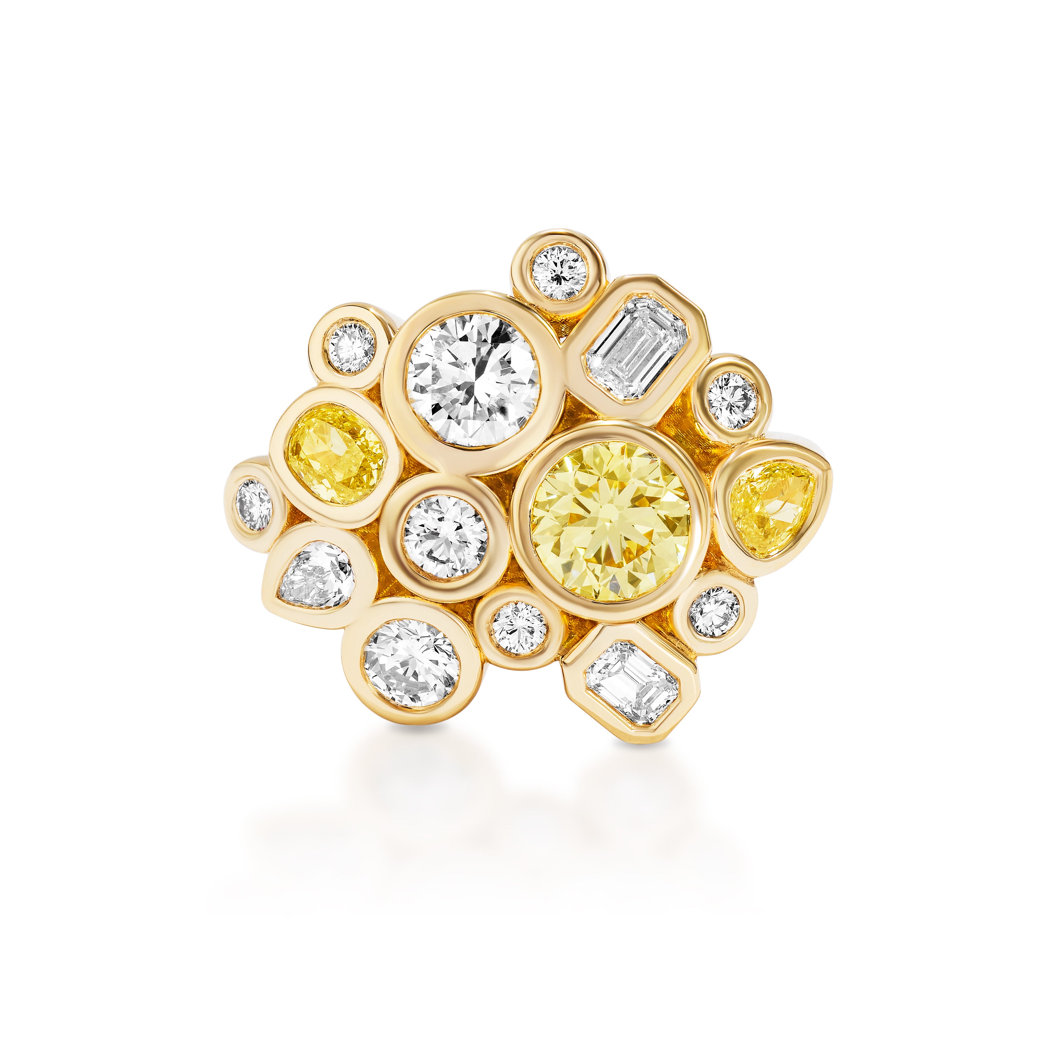 The Cluster Ring is bezel set with mixed shape white and fancy yellow diamonds, creating a vibrant, modern, and elegant design.