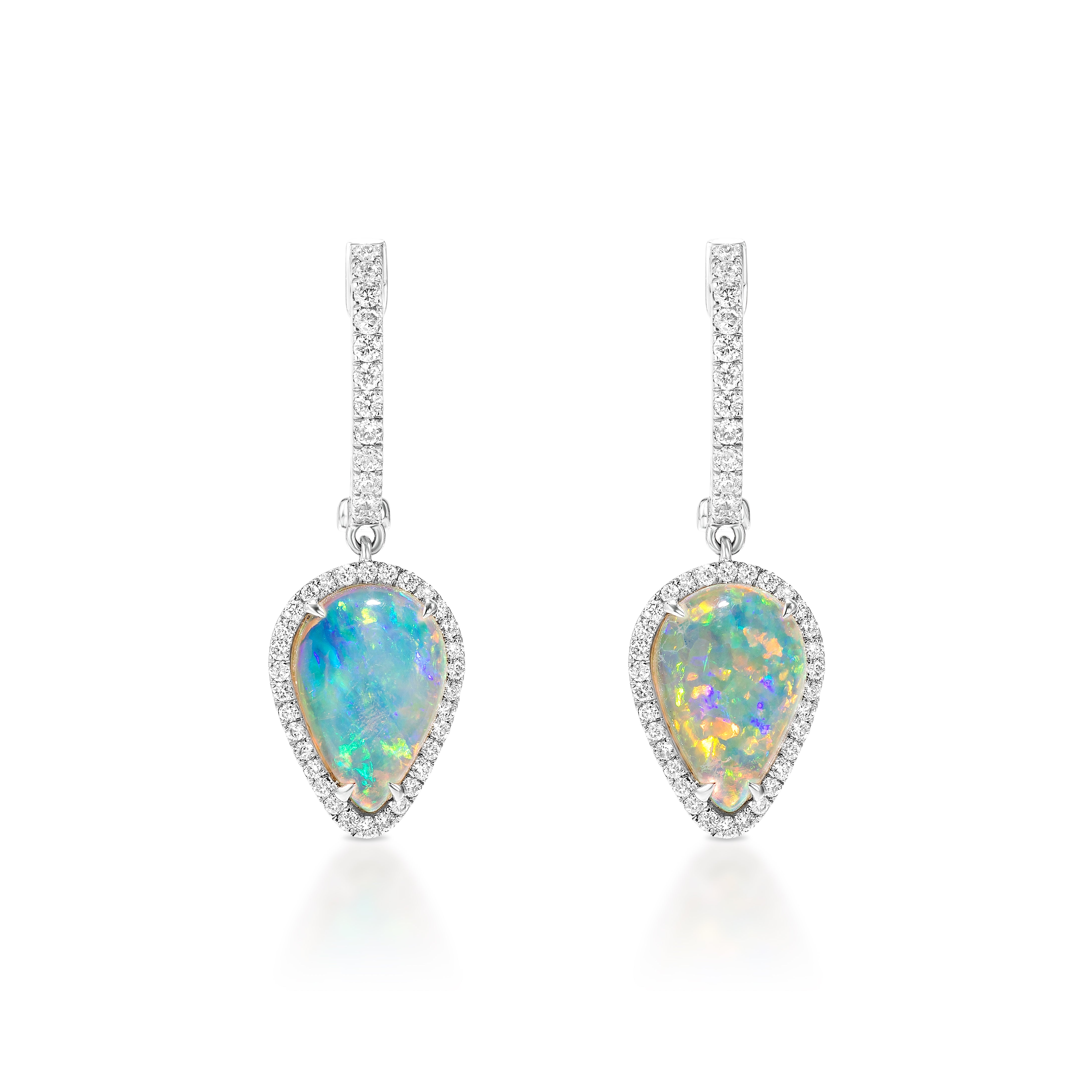 The Pear Shape Opal Drop Earrings in White Gold feature teardrop opals encircled by a pavé diamond halo and diamond-accented hooks, displayed on a white background.