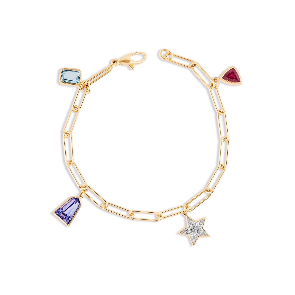 Mixed Shape Diamond and Sapphire Charm Bracelet in Yellow Gold