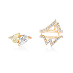 The Baguette and Round Diamond Ring Jacket in Yellow Gold features an angular geometric design with shimmering baguette diamonds, displayed on a white background next to a gold ring set with yellow and white pear-shaped gemstones.