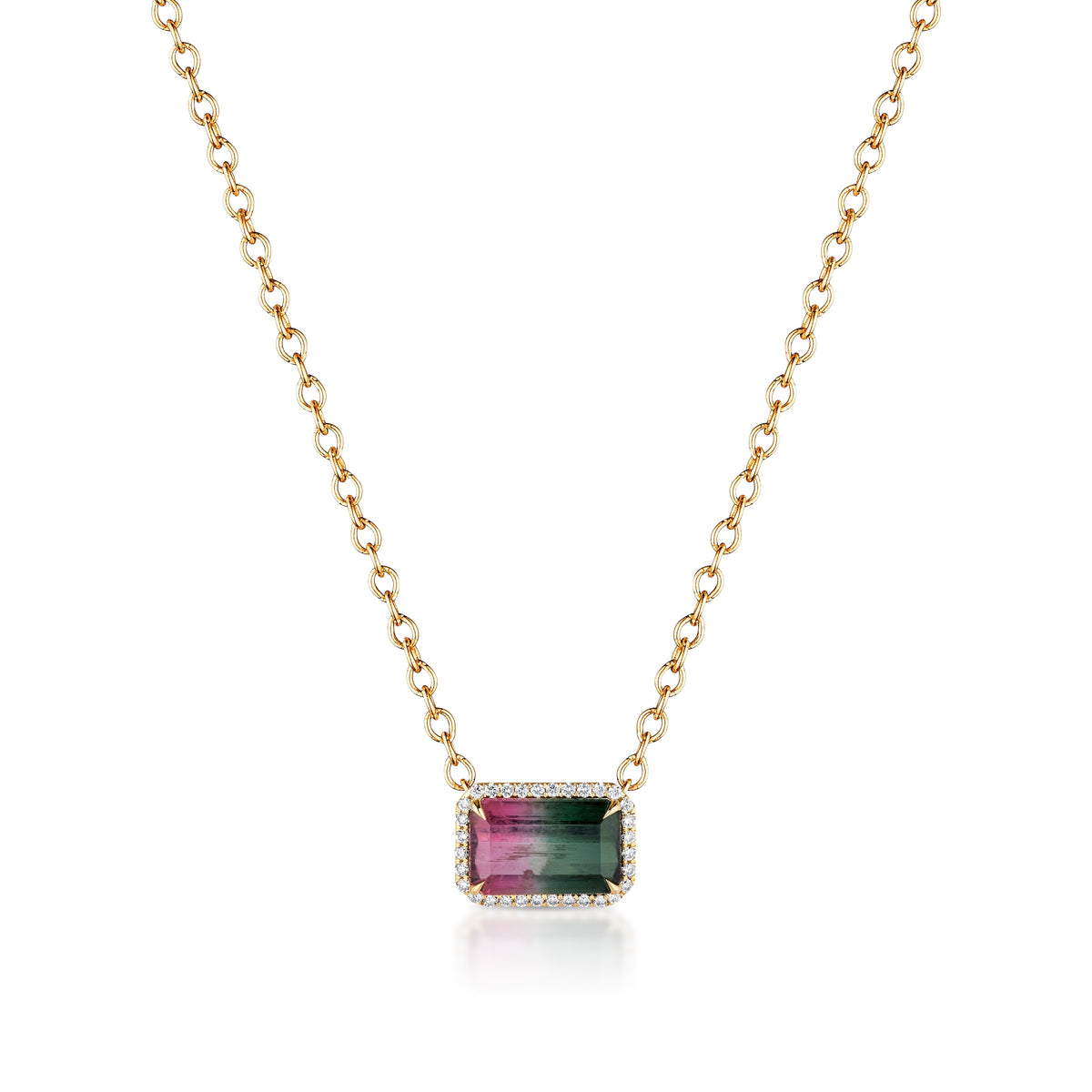 East-West Emerald Cut Watermelon Tourmaline with Pavé Pendant in Yellow Gold