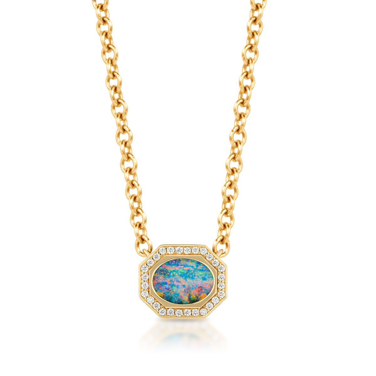 East-West Burnish Set Oval Opal Pendant with Pavé and Yellow Gold Chain