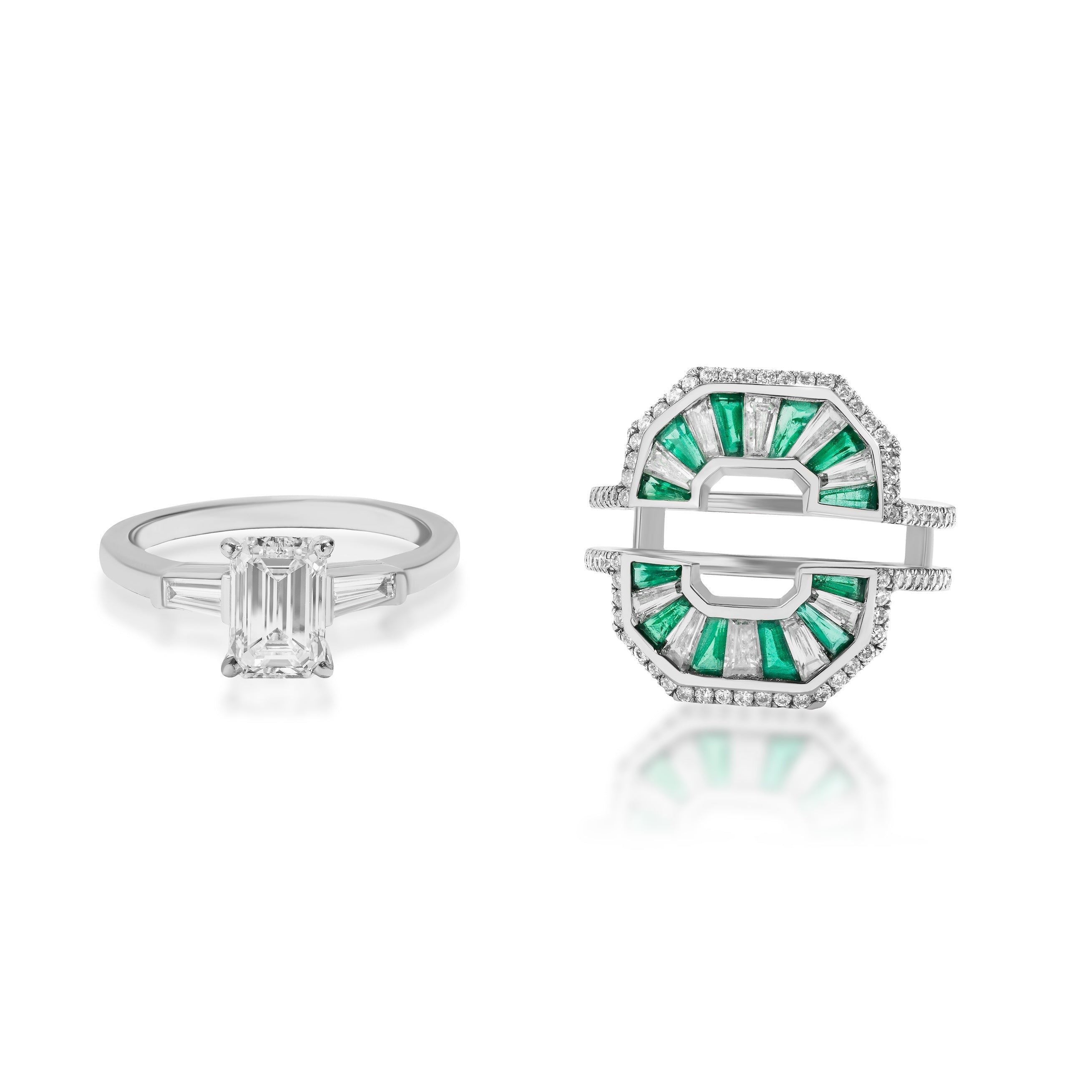 The Bespoke Mosaic Tapered Baguette Emerald and Diamond Ring Jacket in white gold with a pavé diamond band sits next to a white gold ring with an emerald-cut clear gemstone, both shown on a white background.