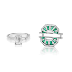 Bespoke Mosaic Tapered Baguette Emerald and Diamond Ring Jacket in White Gold with Pavé Diamond Band