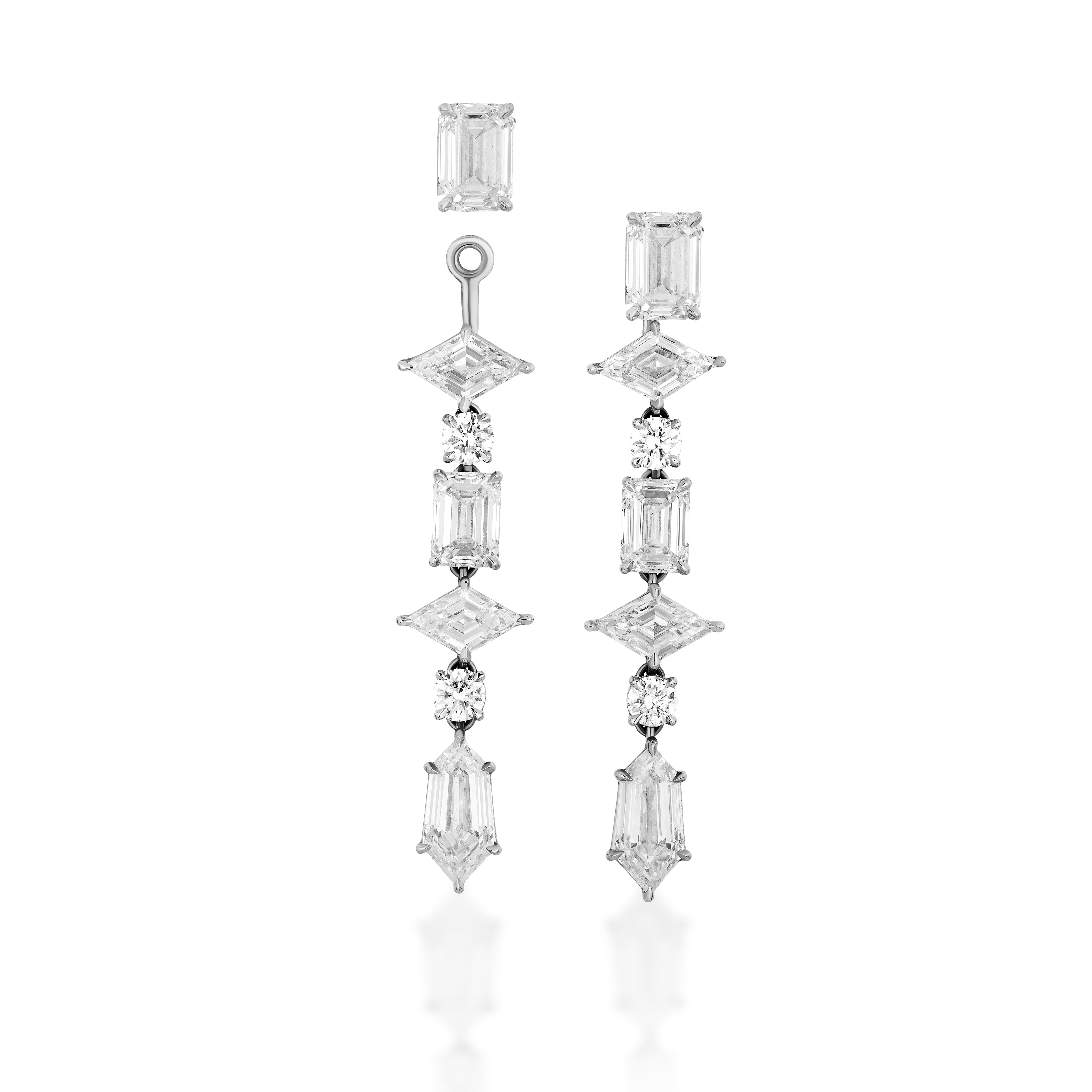 The Mixed Shape Tennis Ear Jackets feature asymmetric geometric designs in 18k white gold—one as a stud, the other a cascading ear jacket with connected diamond shapes for a chic, modern look.