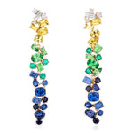 The Multicolor Drop Earrings feature mixed shape blue sapphires and diamonds set in 18K yellow gold, arranged in a colorful, cascading design.