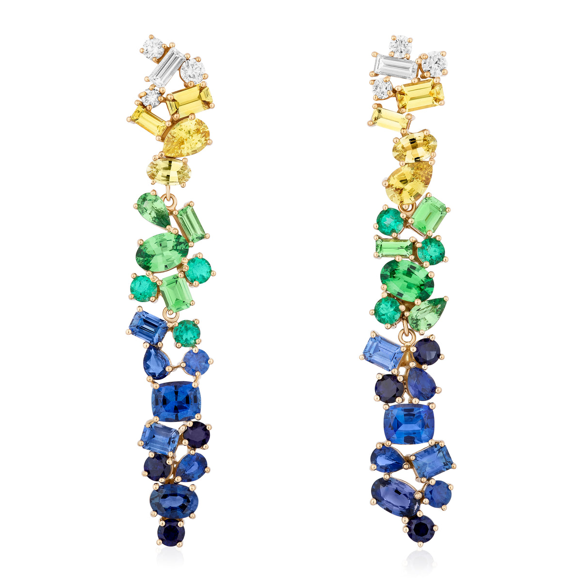 Multicolor Drop Earrings in Yellow Gold with Mixed Shape Sapphires and Diamonds