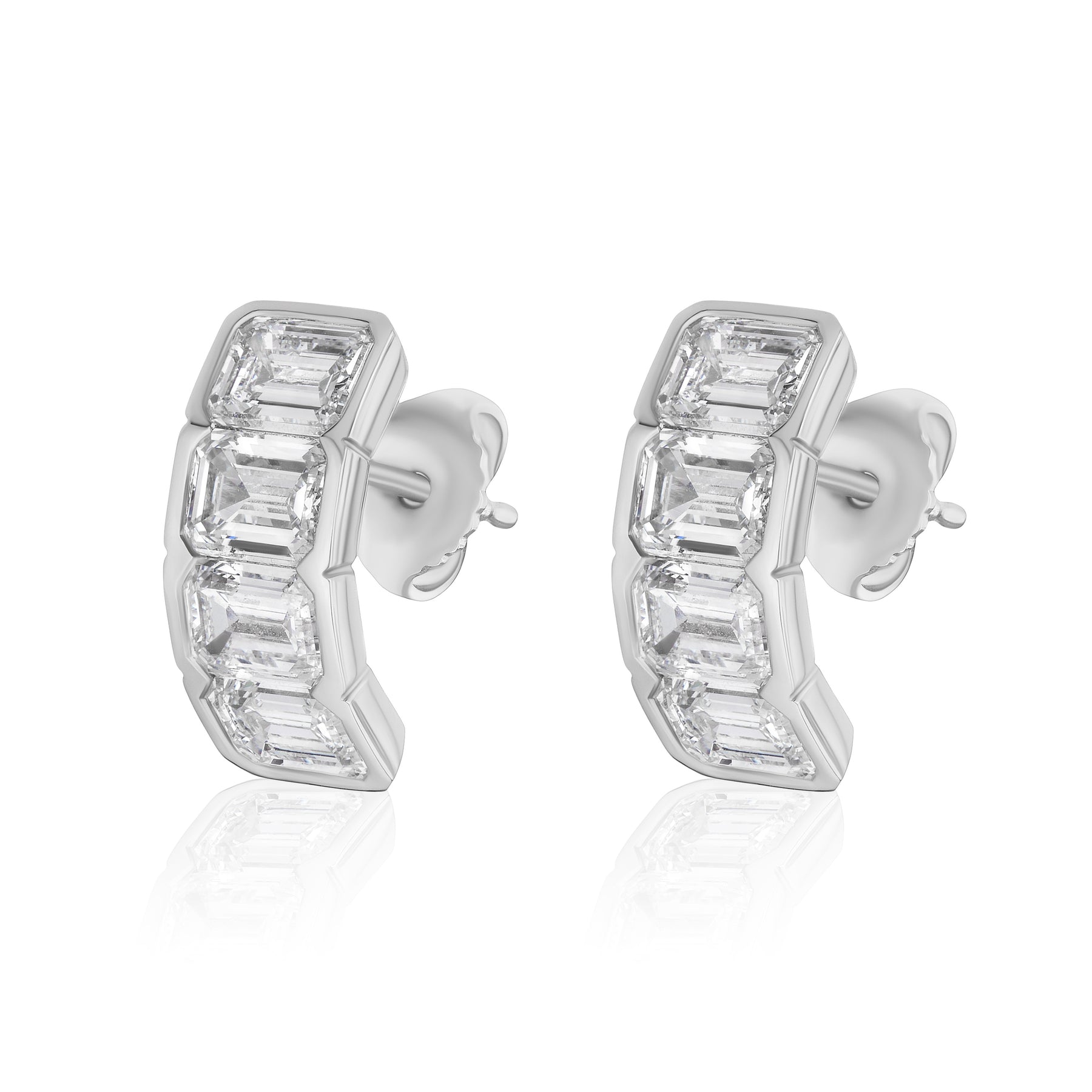 J Hoop Earring in White Gold with Bezel Set Emerald Cut Diamonds