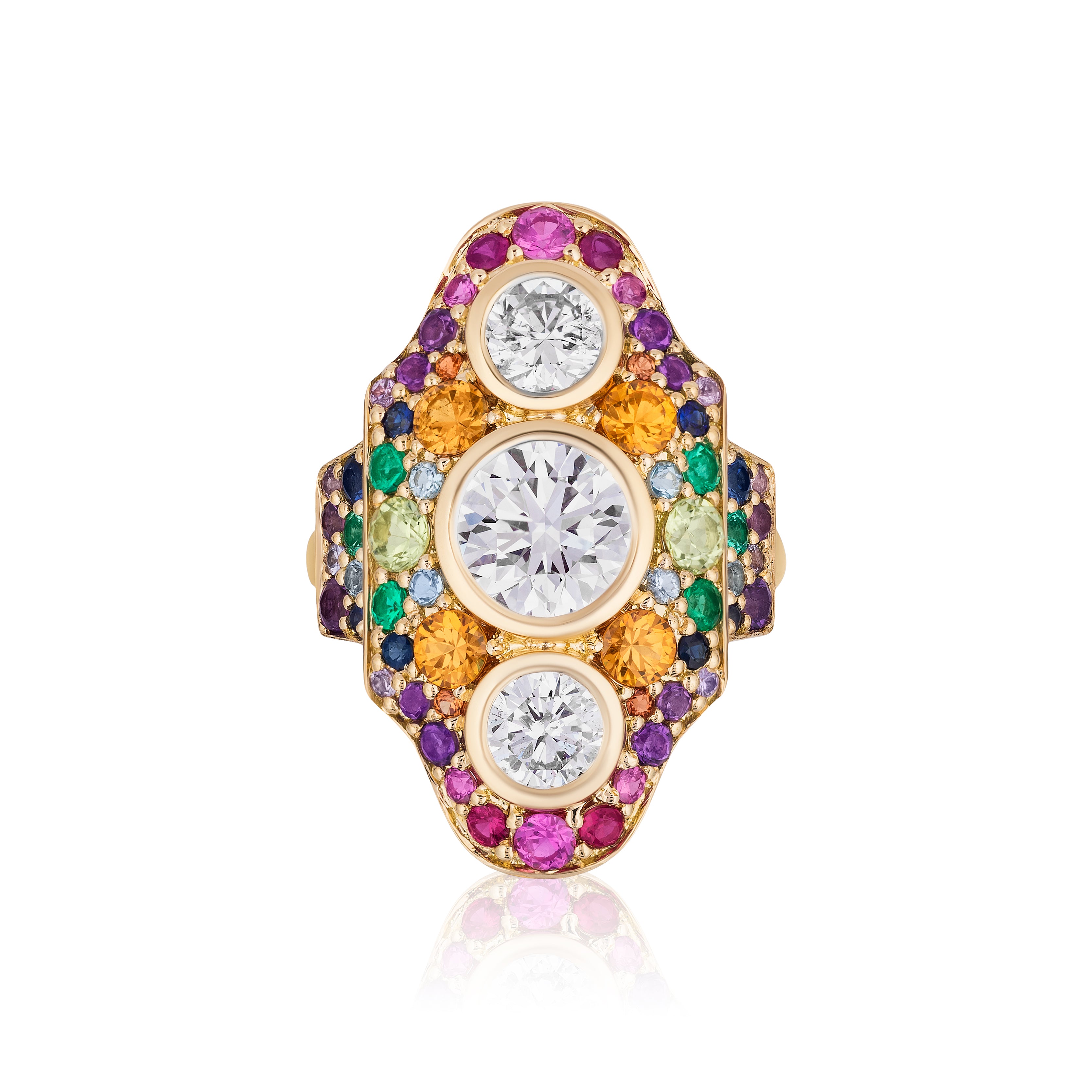 The Multicolor Dinner Ring in Yellow Gold features three round diamonds at the center, accented by colorful sapphires in yellow, green, purple, and pink.