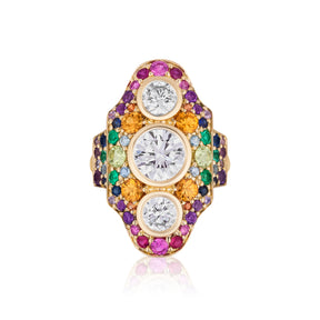 Multicolor Dinner Ring in Yellow Gold with Round Diamonds and Sapphires