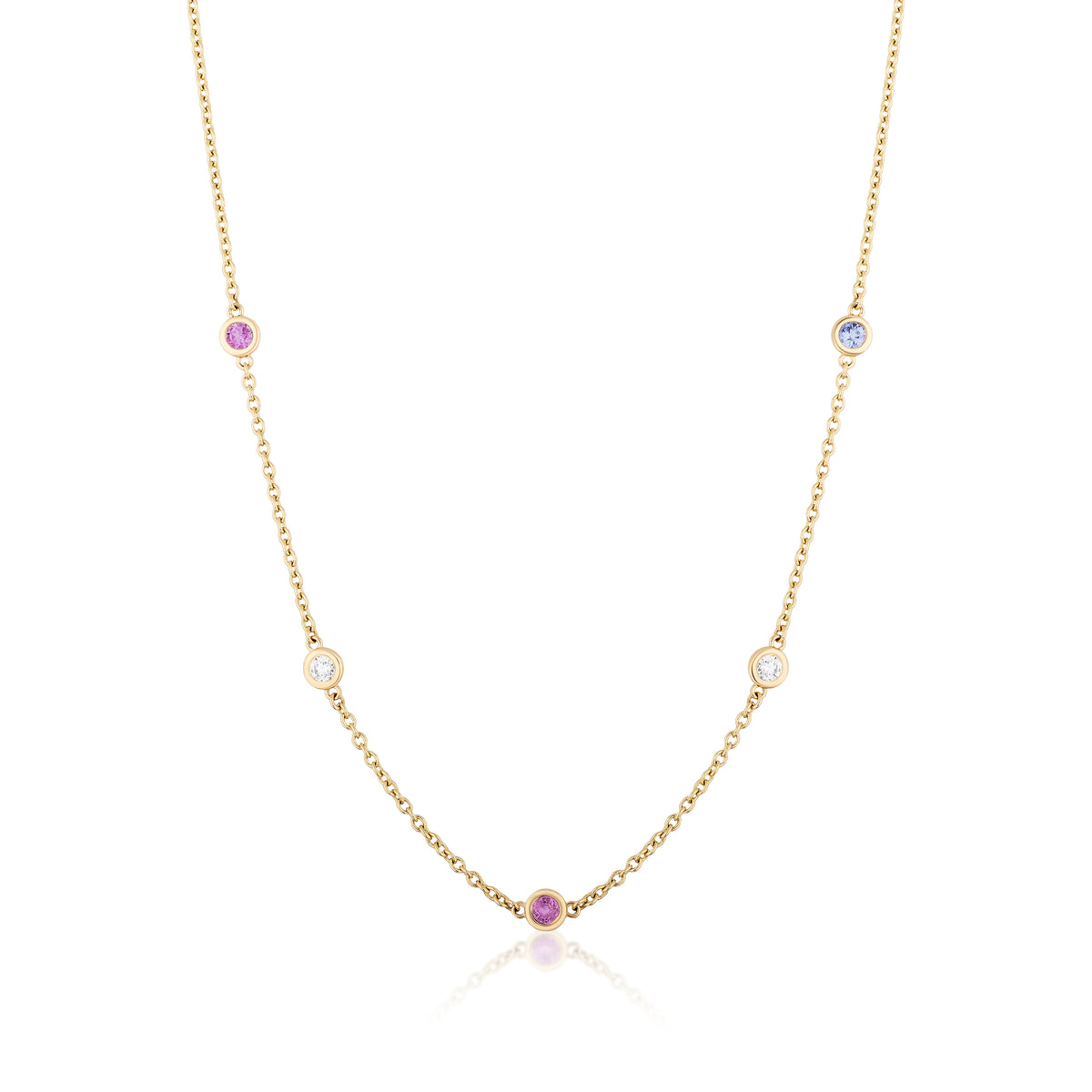 Station Necklace in Yellow Gold with Round Diamonds and Multicolor Sapphires