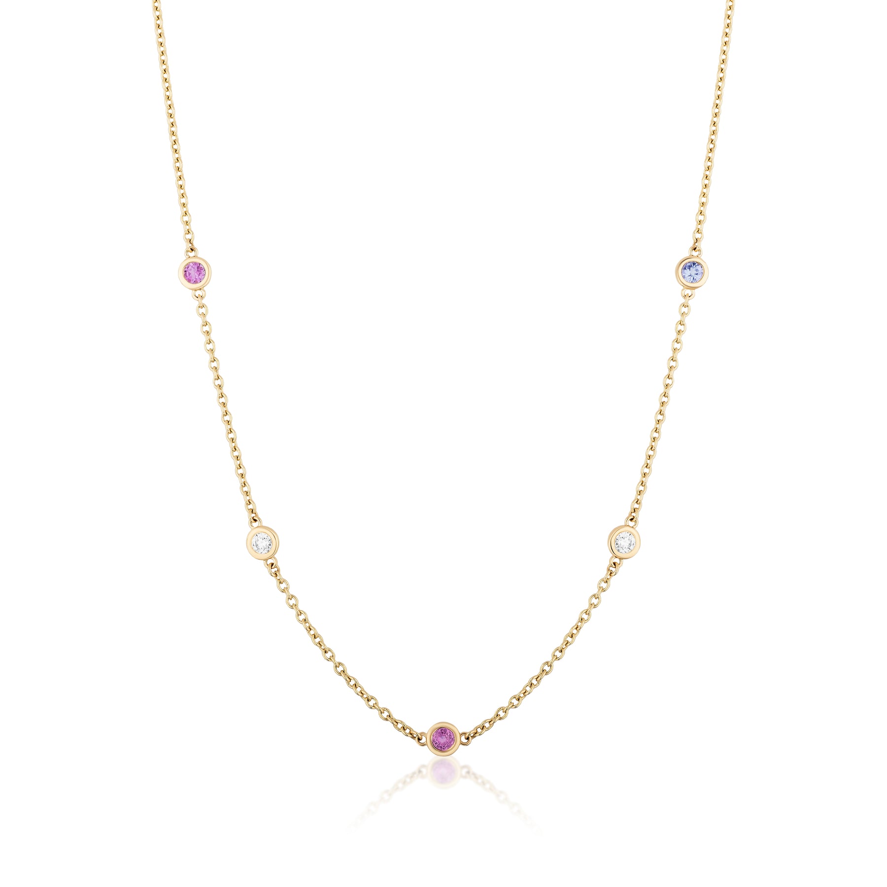 Station Necklace in Yellow Gold with Round Diamonds and Multicolor Sapphires