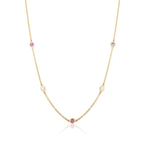 Station Necklace in Yellow Gold with Round Diamonds and Multicolor Sapphires