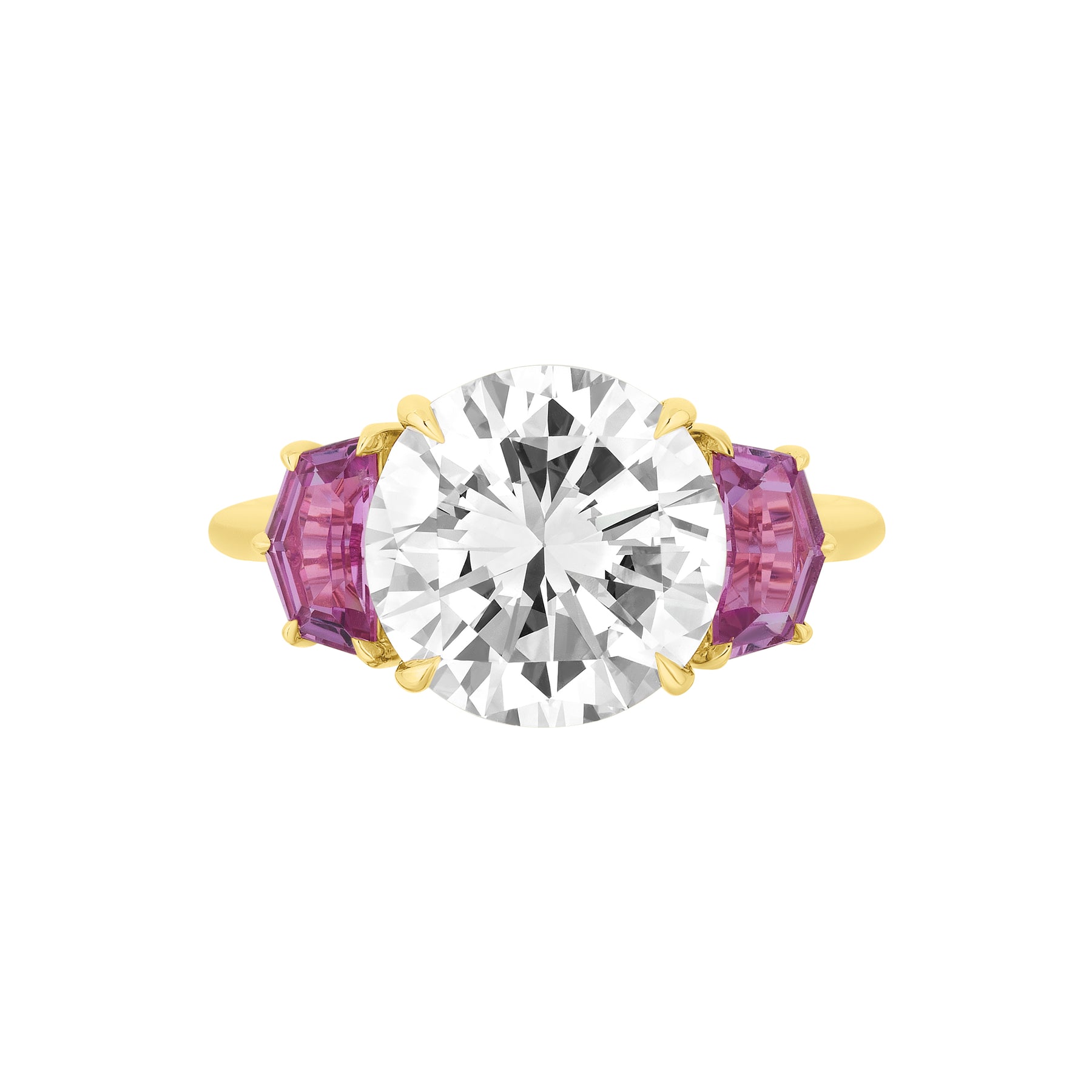 Round Brilliant Diamond Engagement Ring with Epaulette Pink Sapphire Side Stones