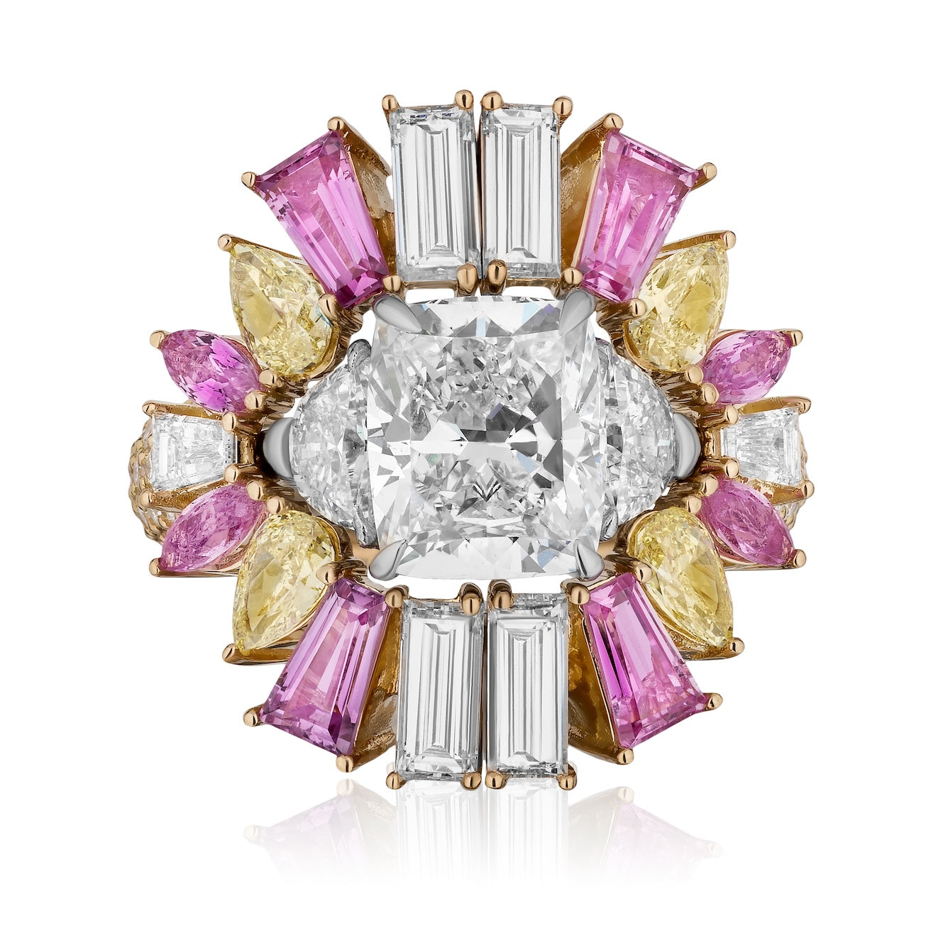 The Bespoke Mixed Shape Diamond, Yellow Diamond, and Pink Sapphire Ring Jacket in Rose Gold features a square-cut diamond center, baguette diamonds, pink sapphires, and yellow pear-shaped gems in a floral sunburst for a lavish look.