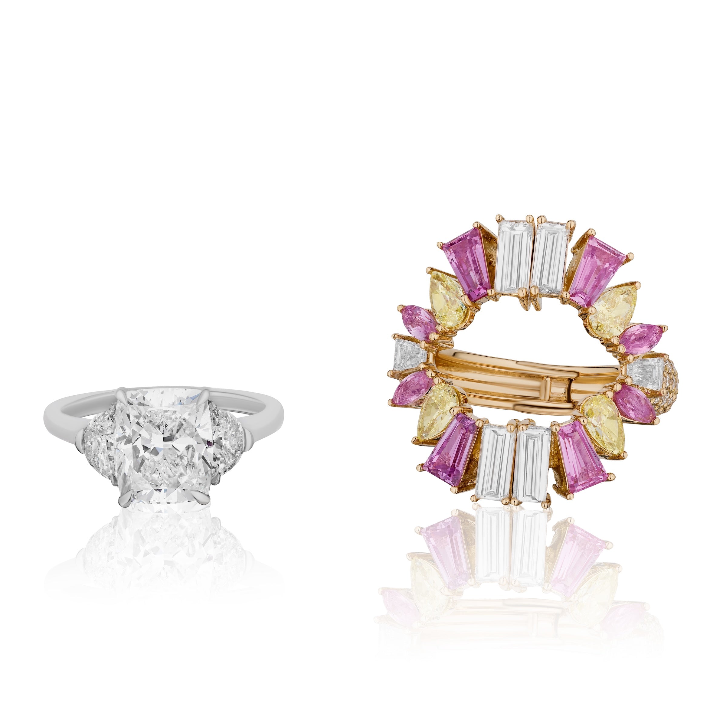 A rose gold Bespoke Mixed Shape Diamond, Yellow Diamond, and Pink Sapphire Ring Jacket is displayed on a white background.