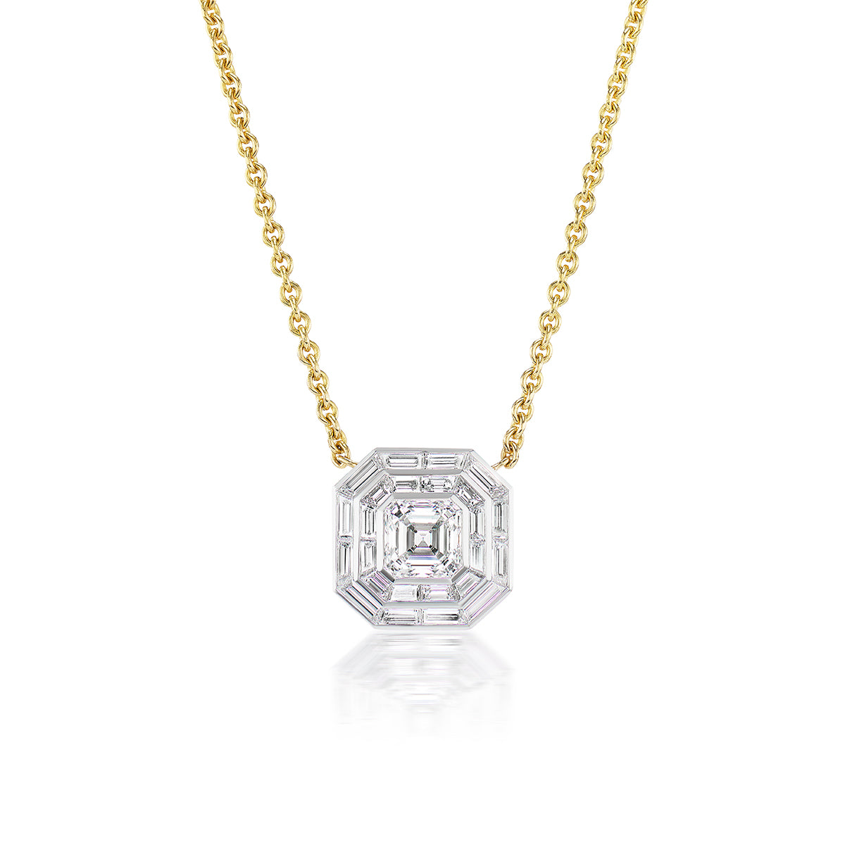 Square Emerald Cut Diamond Mosaic Pendant in White and Yellow Gold