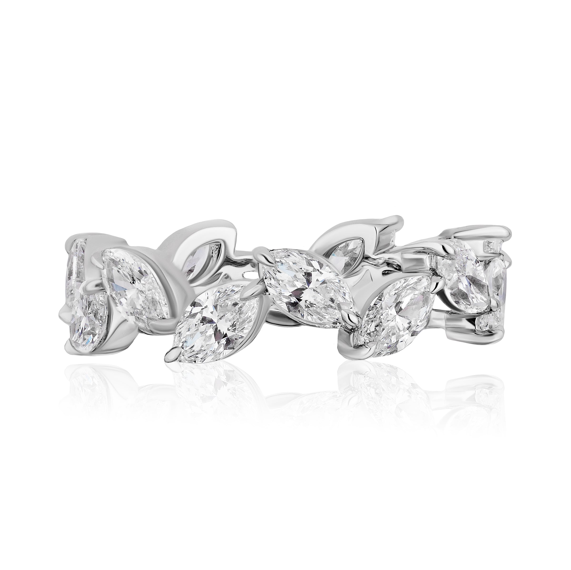 The Alternating Marquise Diamond Eternity Band in 18K white gold features marquise diamonds in a leaf-inspired pattern, with a reflective finish and a seamless, continuous band for an elegant look.